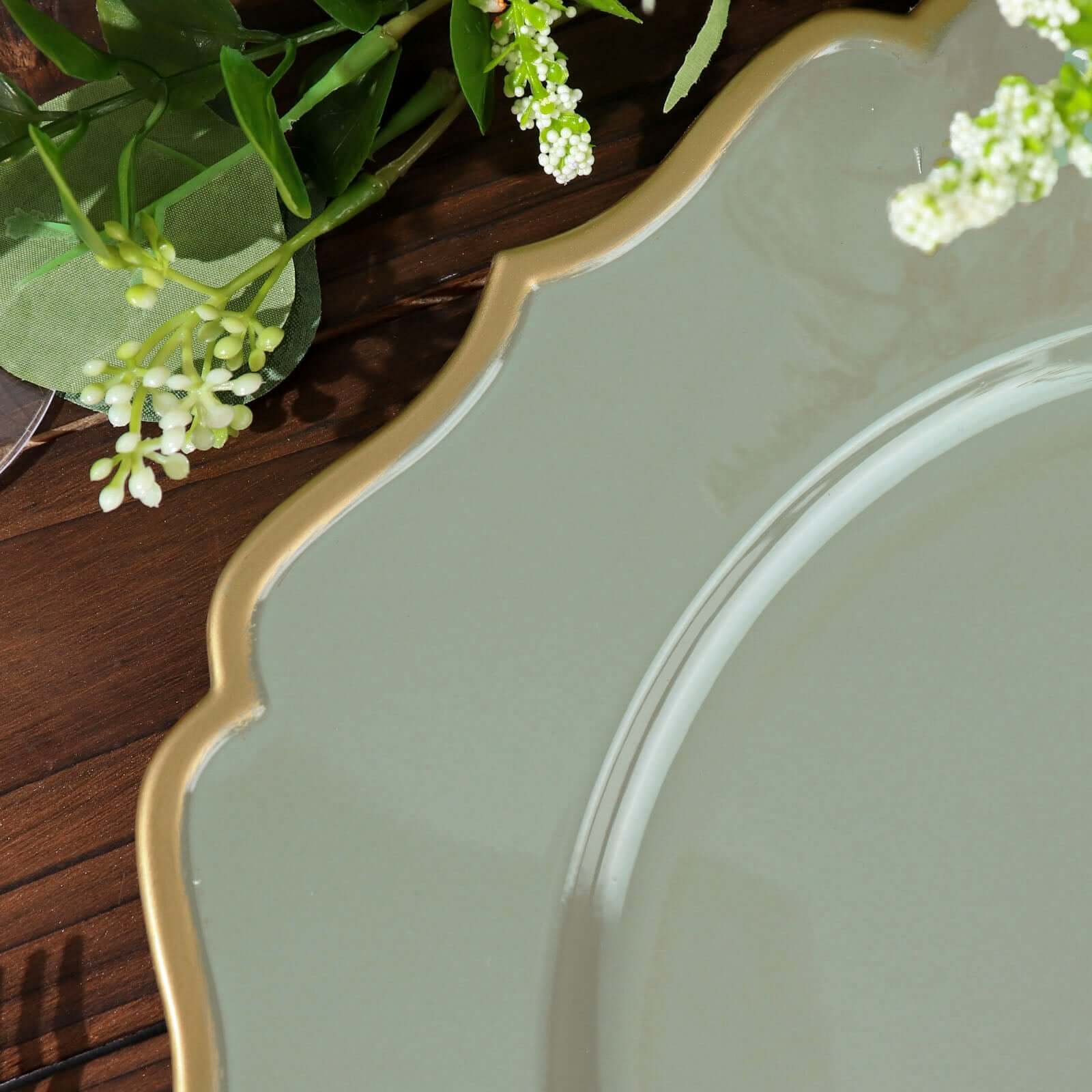 6-Pack Acrylic Round Charger Plates 13" in Dusty Sage Green with Gold Scalloped Rim, Decorative Dinner Party Plastic Charger Tableware