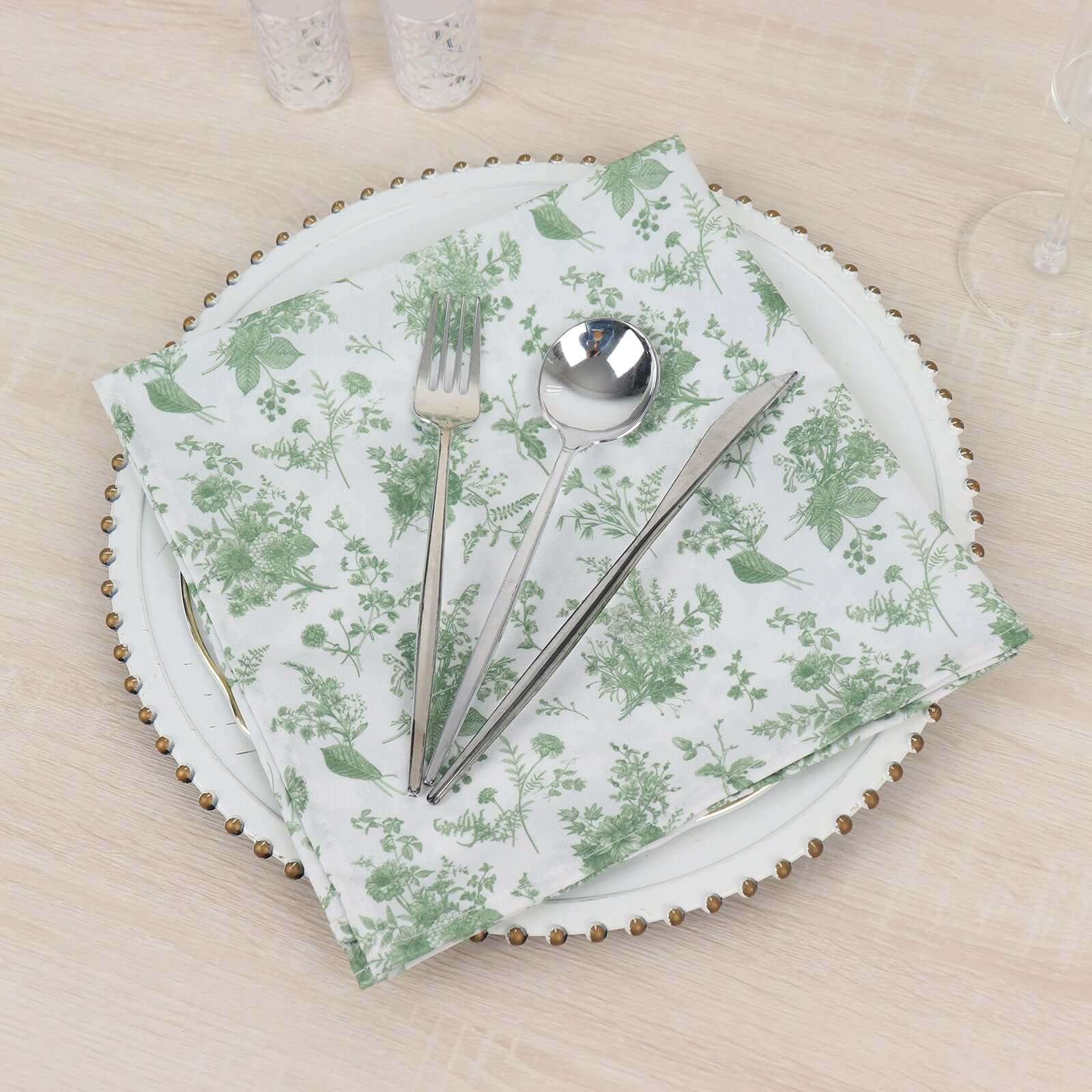 5 Pack Polyester 20"x20" Napkins Dusty Sage Green French Toile Pattern - Stylish Floral Dinner Napkins for Weddings, Events & Parties
