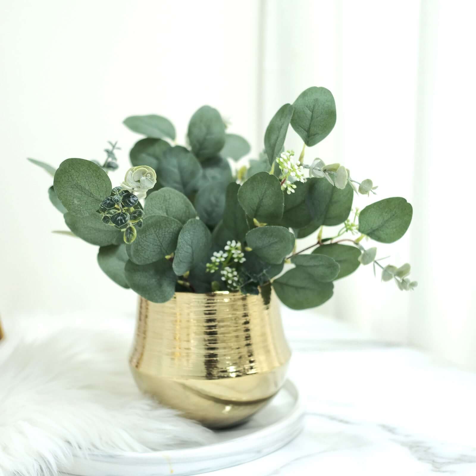 14 Stems Real Touch 12" Artificial Eucalyptus Leaf Flower Bouquet, Faux Silver Dollar Branches, Vase Floral Arrangement