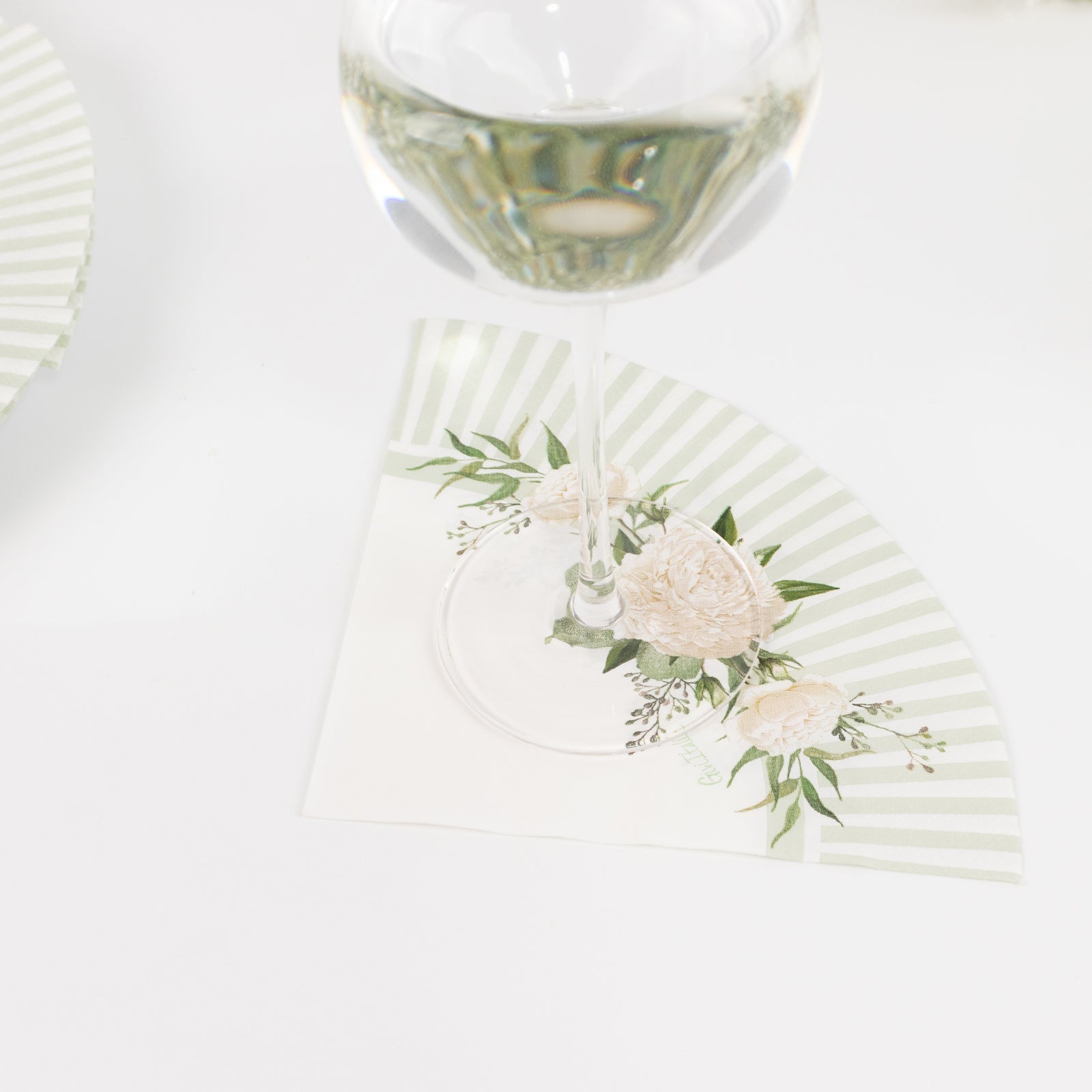 25-Pack Round Paper Cocktail Napkins with Floral Lined Pattern White/Sage Green - Disposable 2 Ply Beverage Napkins 12"