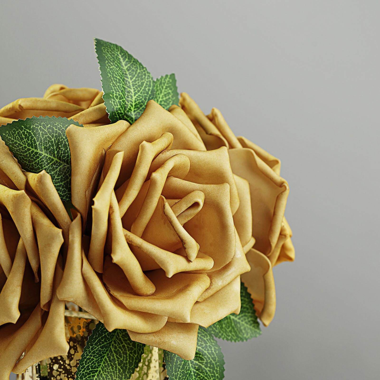 24 Roses 5" Gold Artificial Foam Flowers With Stem Wire and Leaves