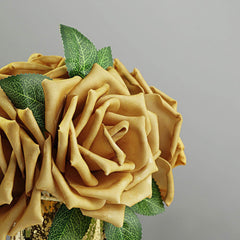 24 Roses 5" Gold Artificial Foam Flowers With Stem Wire and Leaves