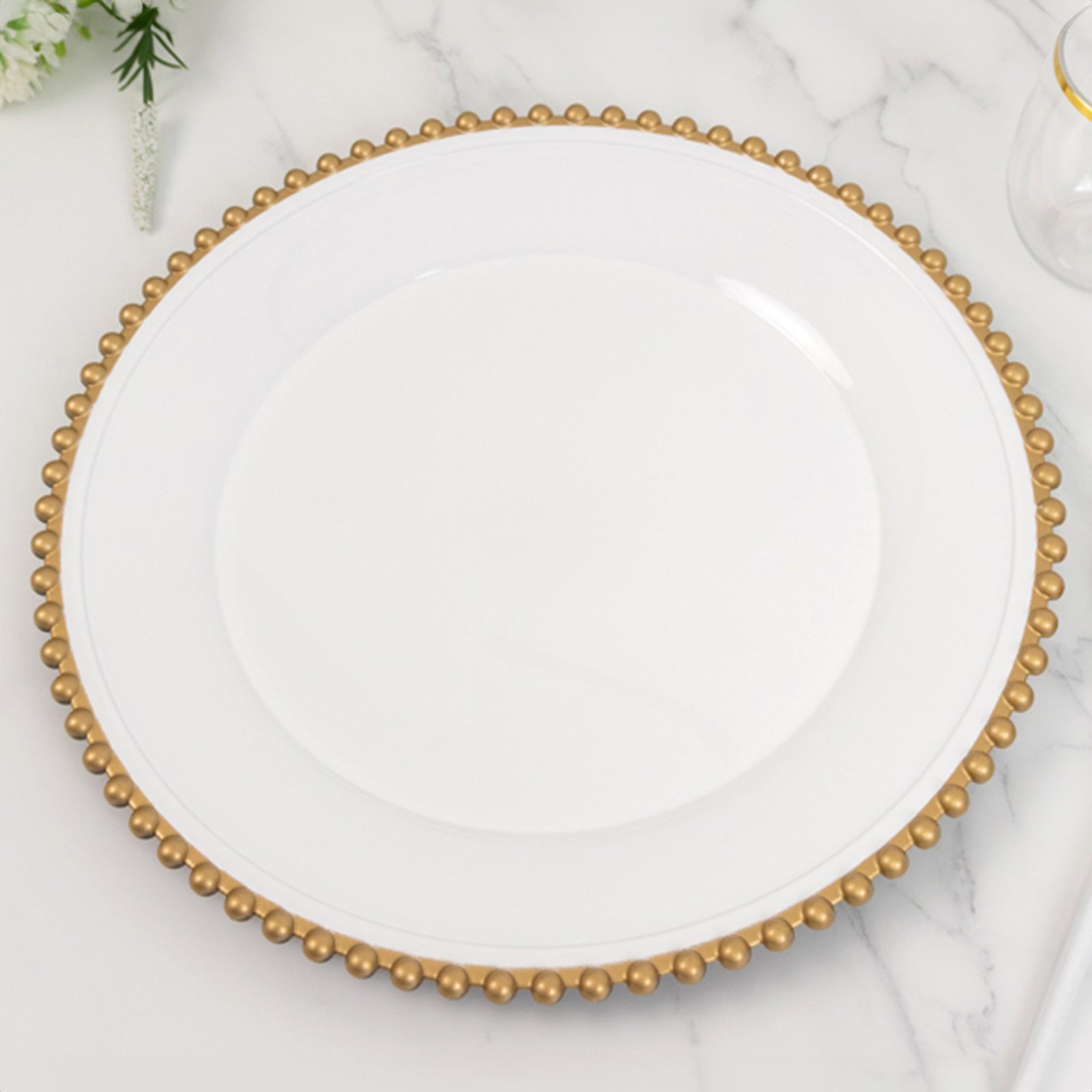 6-Pack Acrylic Round Charger Plates 13" in White with Gold Beaded Rim, Decorative Dinner Party Charger Tableware