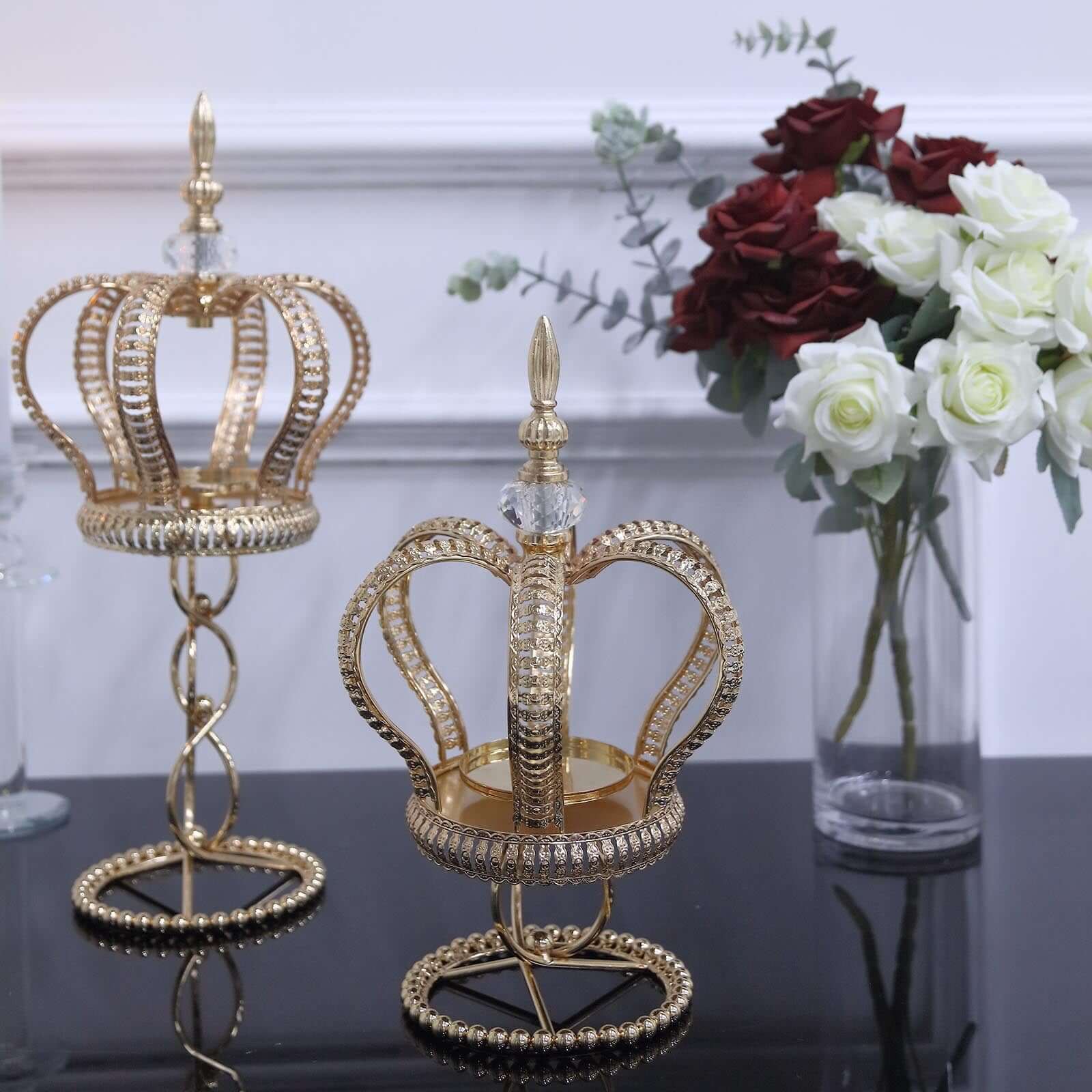 Metal Crown Spiral Pillar Candle Holder Stand Gold - Jeweled Votive Candle Centerpiece 13"