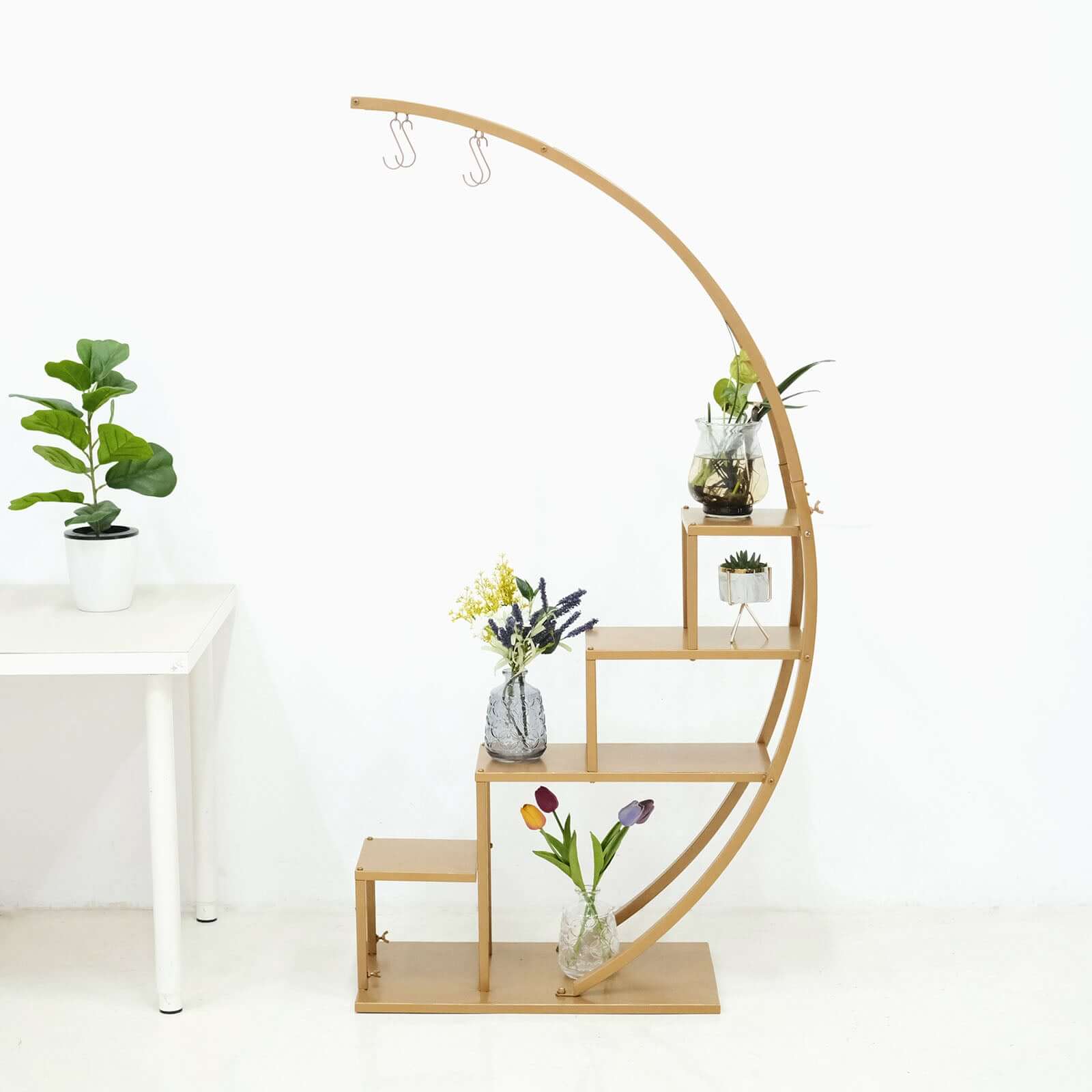 4.5ft Gold Metal 4-Tier Half Moon Cupcake Dessert Display Stand, Hanging Plant Rack With Shelves