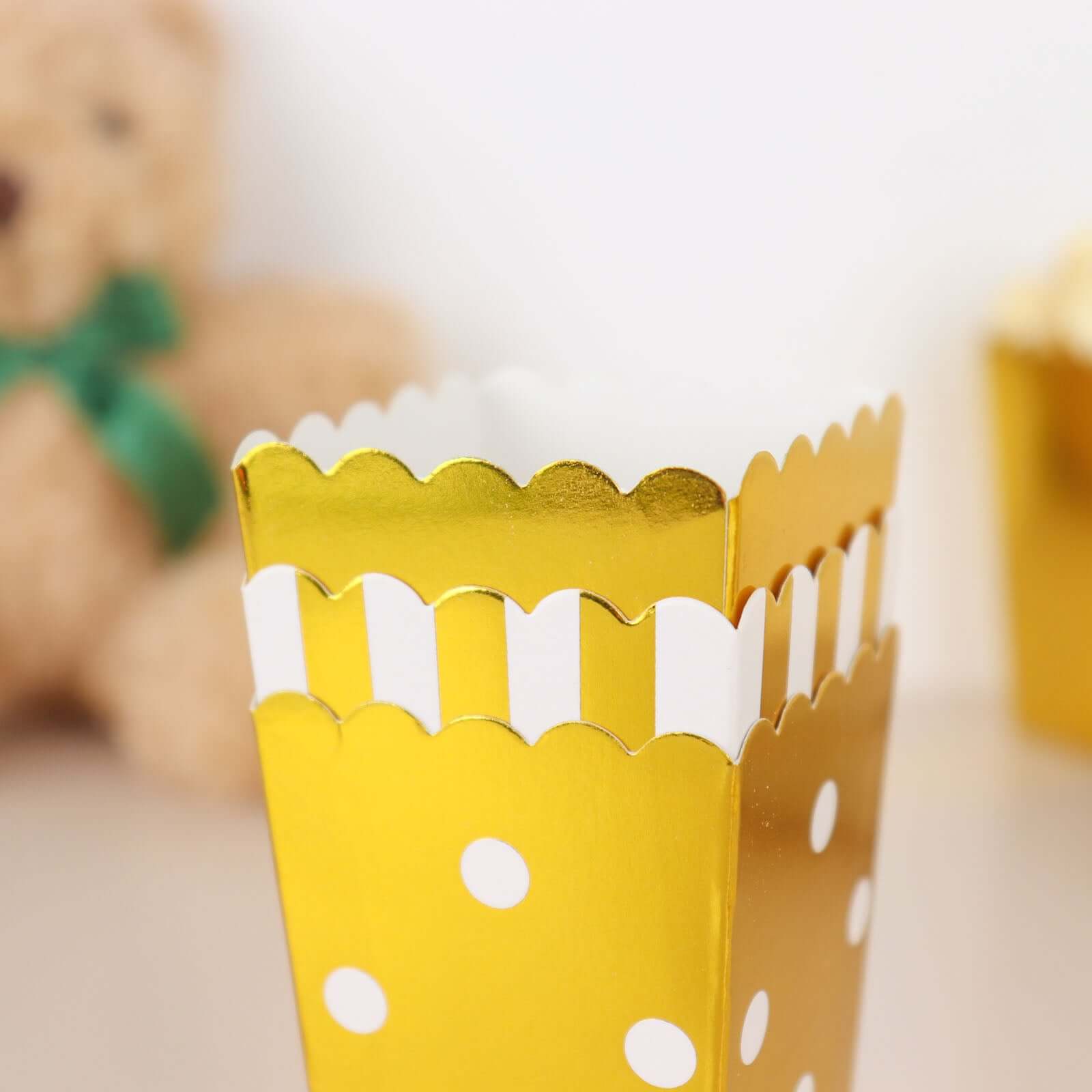36 Pack 4" White Gold Design Mini Paper Popcorn Boxes, Candy Favor Disposable Bags - Stripe, Polka Dot, Solid Style