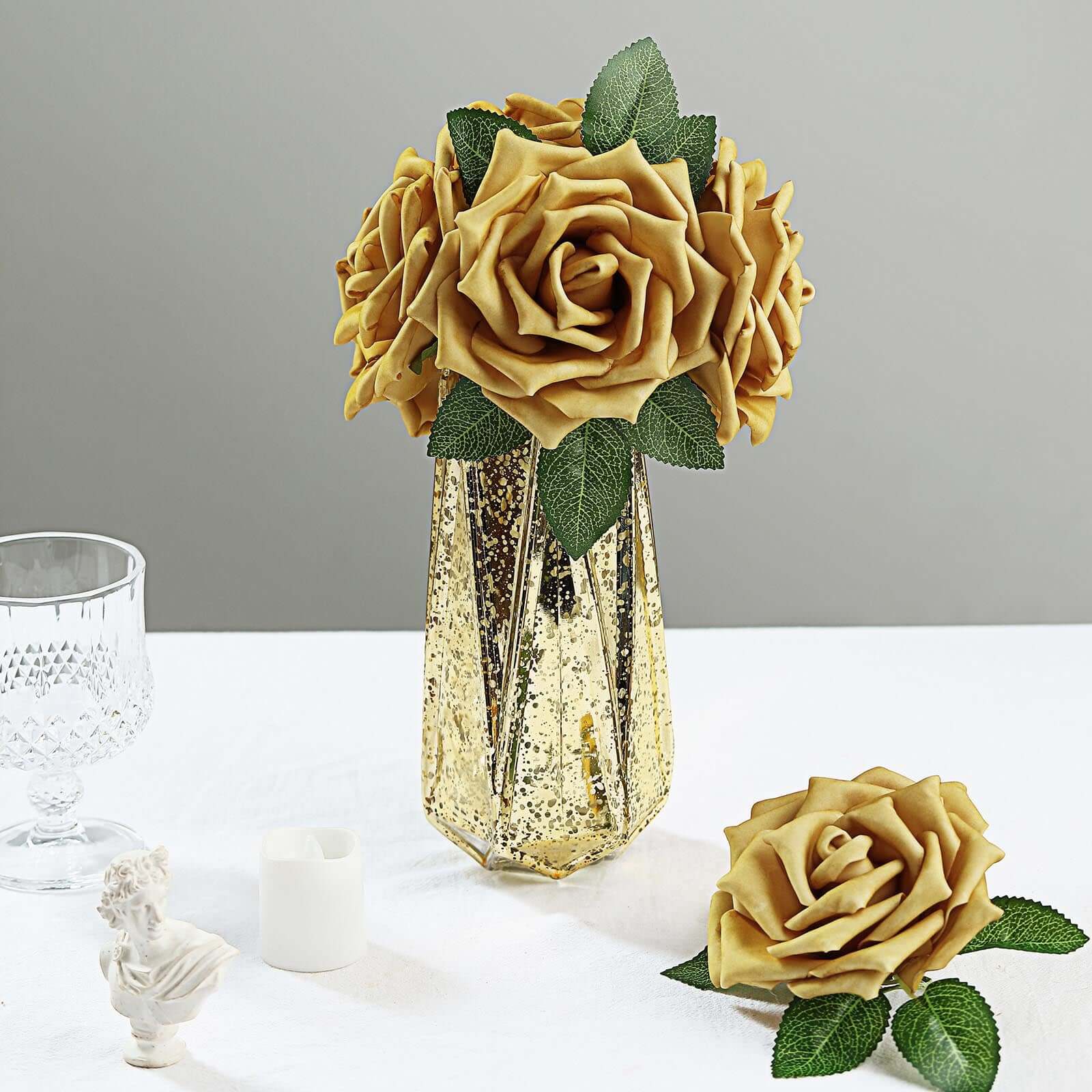 24 Roses 5" Gold Artificial Foam Flowers With Stem Wire and Leaves