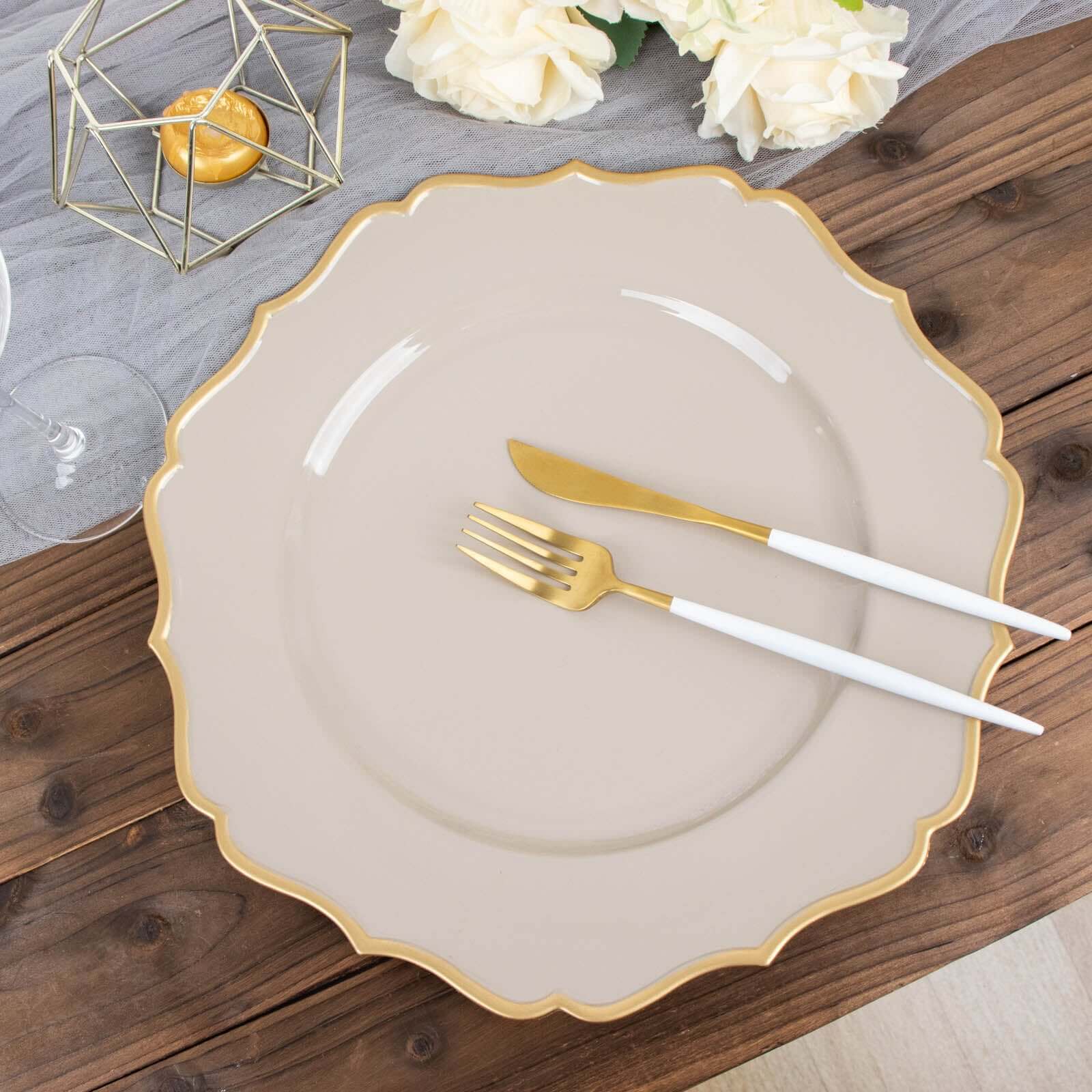 6-Pack Acrylic Round Charger Plates 13" in Taupe with Gold Scalloped Rim, Decorative Dinner Party Plastic Charger Tableware