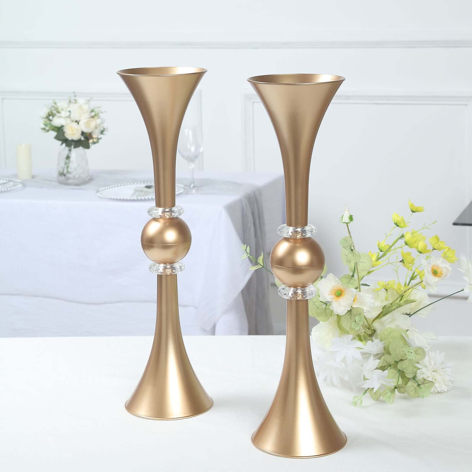 2-Pack Flower Vases Trumpet Design with Crystal Embellishments Gold - Reversible Plastic Table Centerpieces 21"