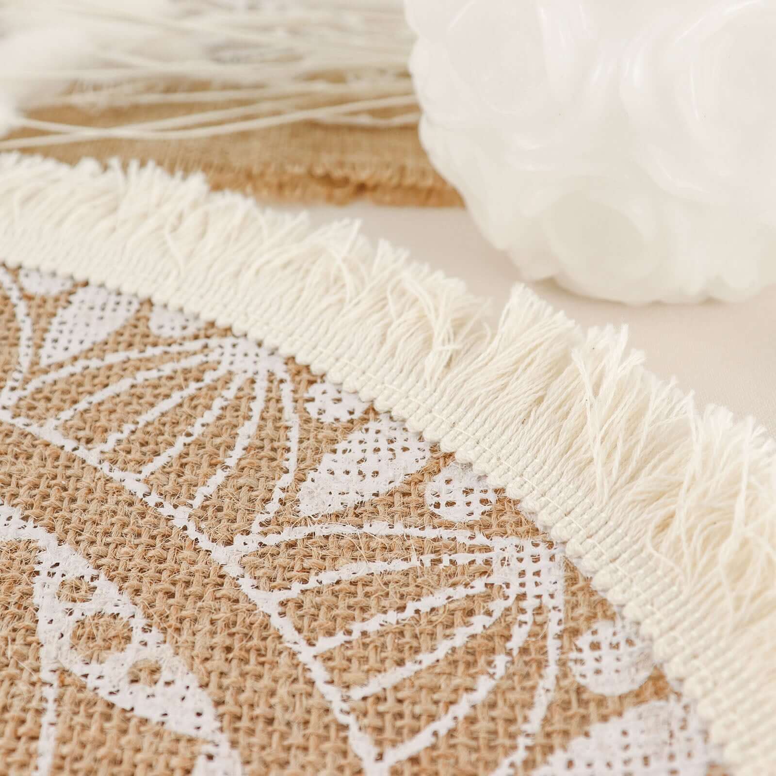 4-Pack Placemats Mandala Print Fringe Design Natural Jute and White Round - Rustic Burlap Tassel Style 15"