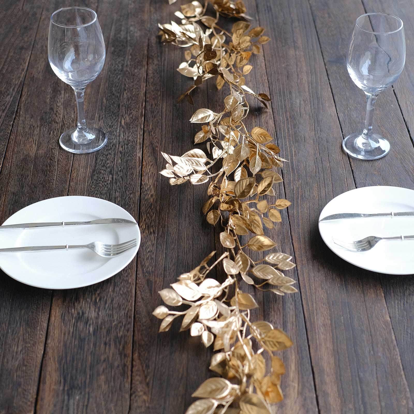 Artificial Magnolia Leaf Table Garland Metallic Gold - Decorative DIY Craft Hanging Vine Wreath 6ft