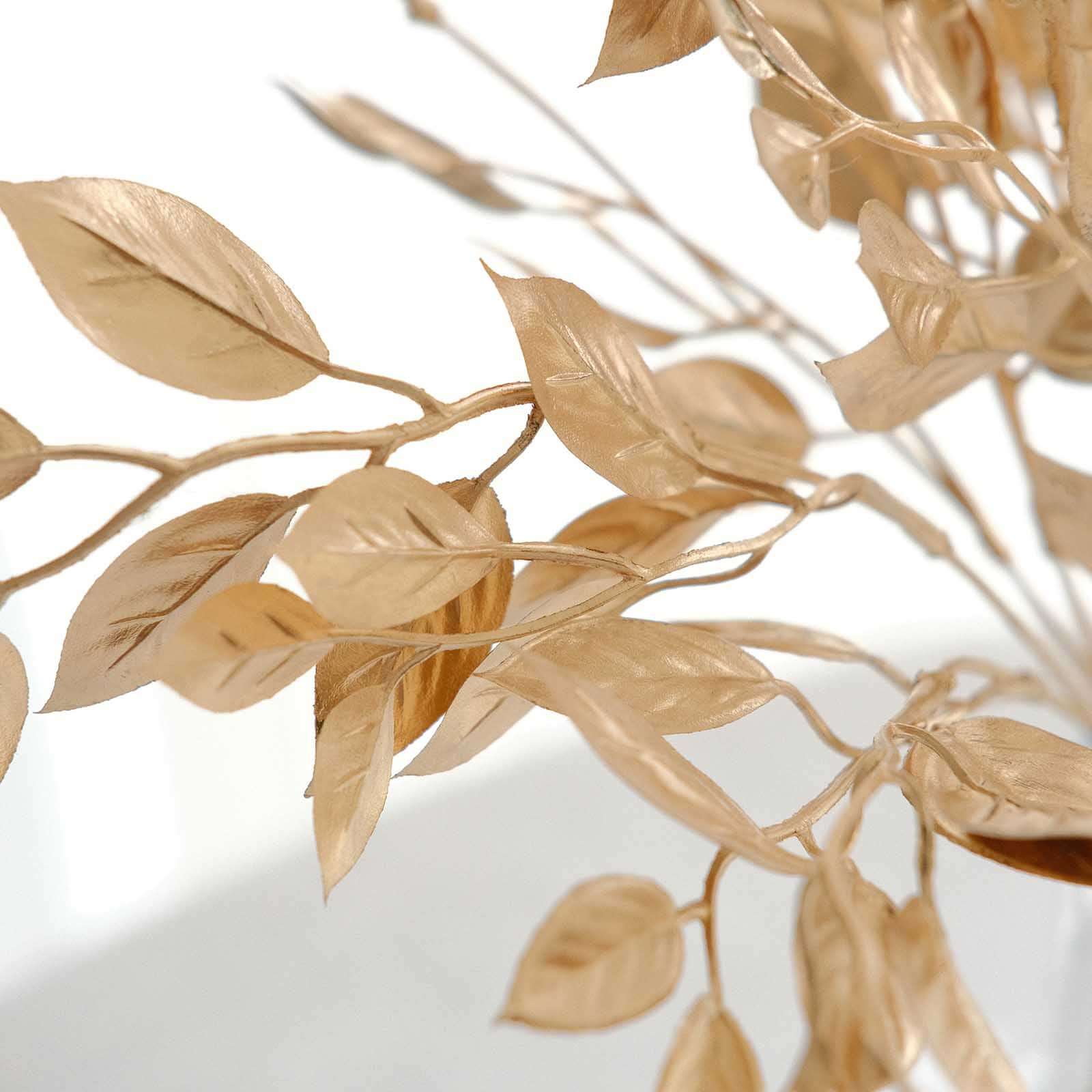 4-Pack Artificial Italian Ruscus Leaves Branches Metallic Gold - Flexible Faux Spray Plant Stem Vase Fillers for Exquisite Tablescapes & Floral Displays 14"