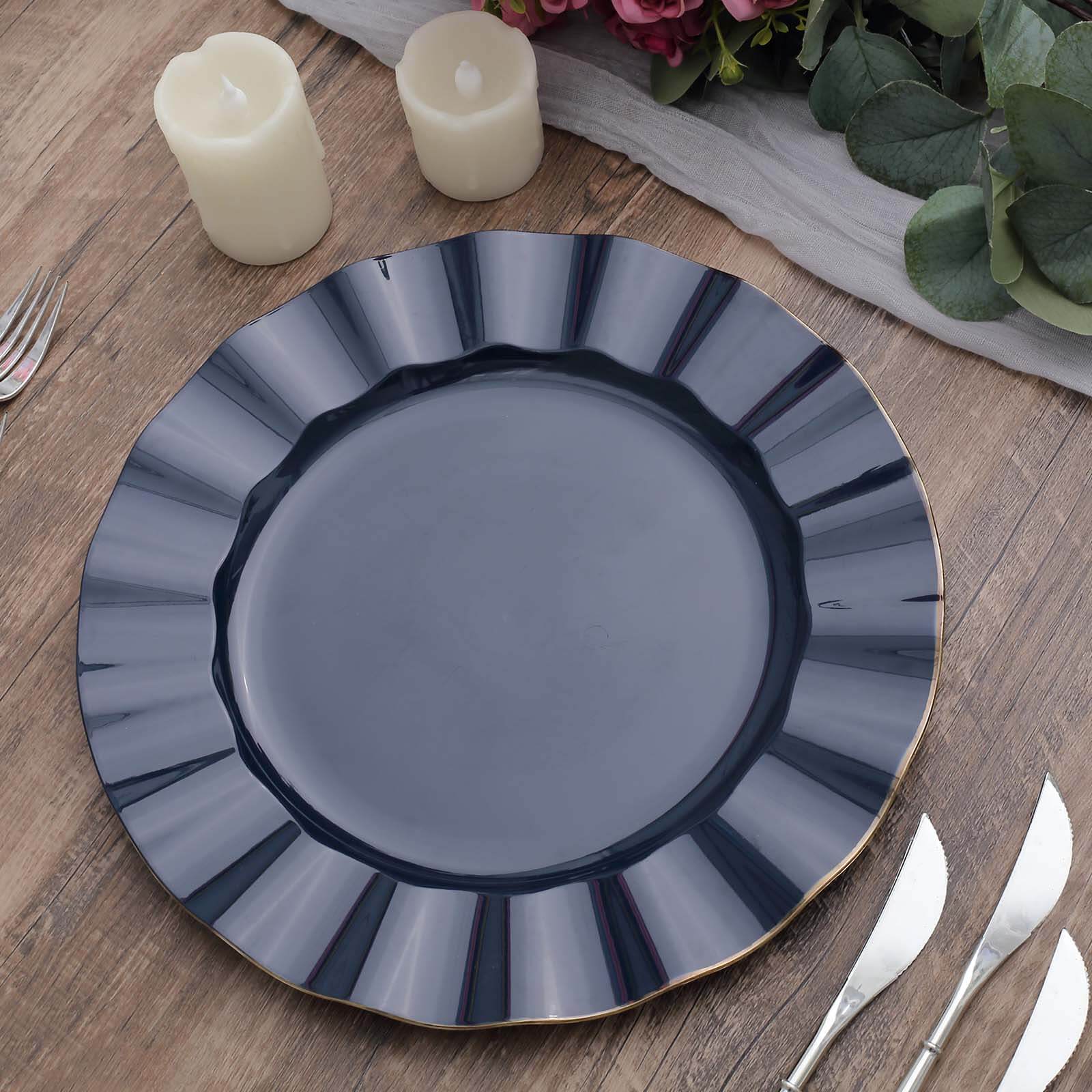 10-Pack Plastic 11" Round Dinner Plates in Navy Blue Ruffled Rim with Gold Edging - Sturdy Disposable Dinnerware