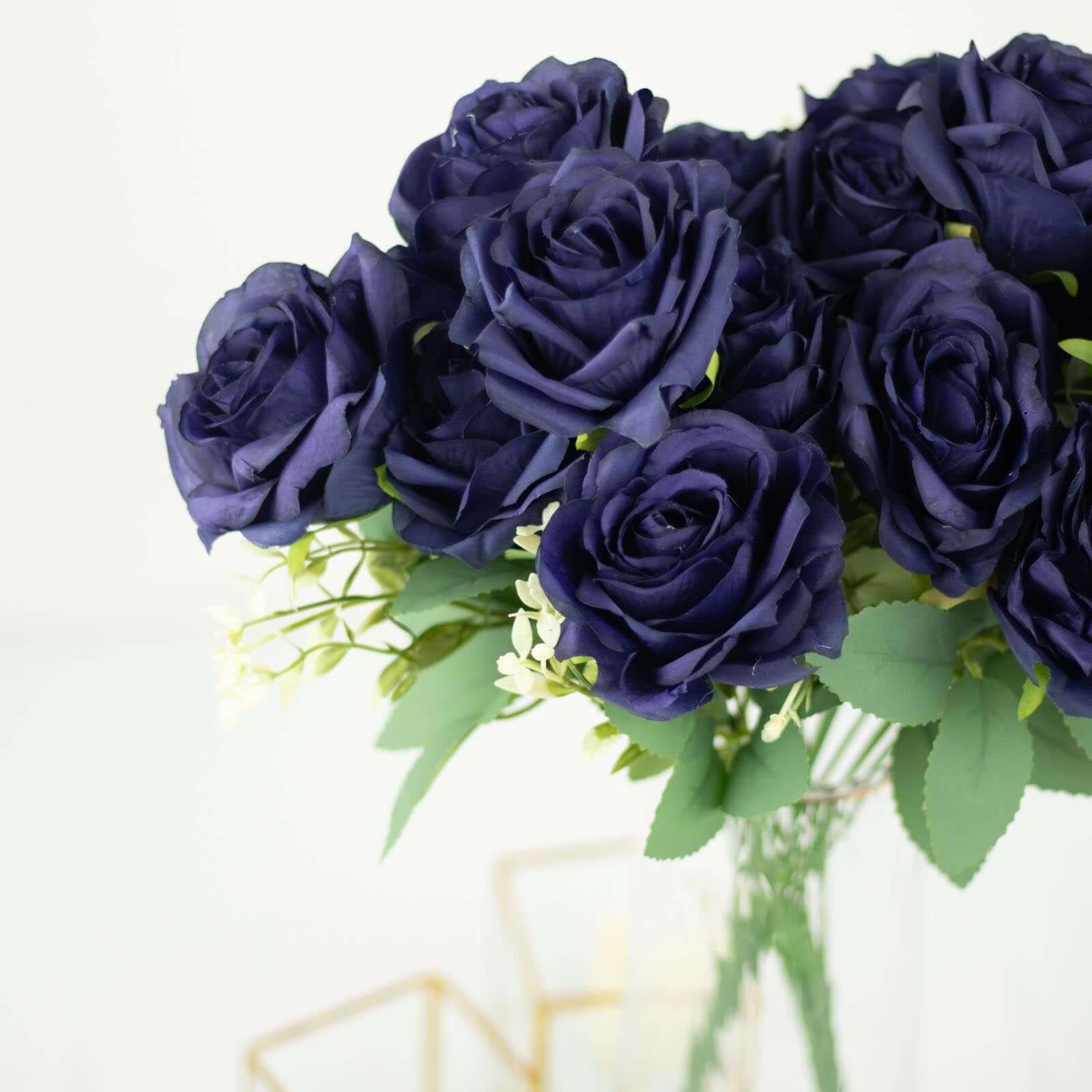 2 Bushes 18" Real Touch Navy Blue Artificial Rose Flower Bouquet, Silk Long Stem Flower Arrangements