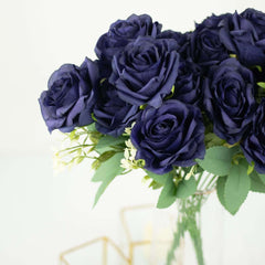 2 Bushes 18" Real Touch Navy Blue Artificial Rose Flower Bouquet, Silk Long Stem Flower Arrangements