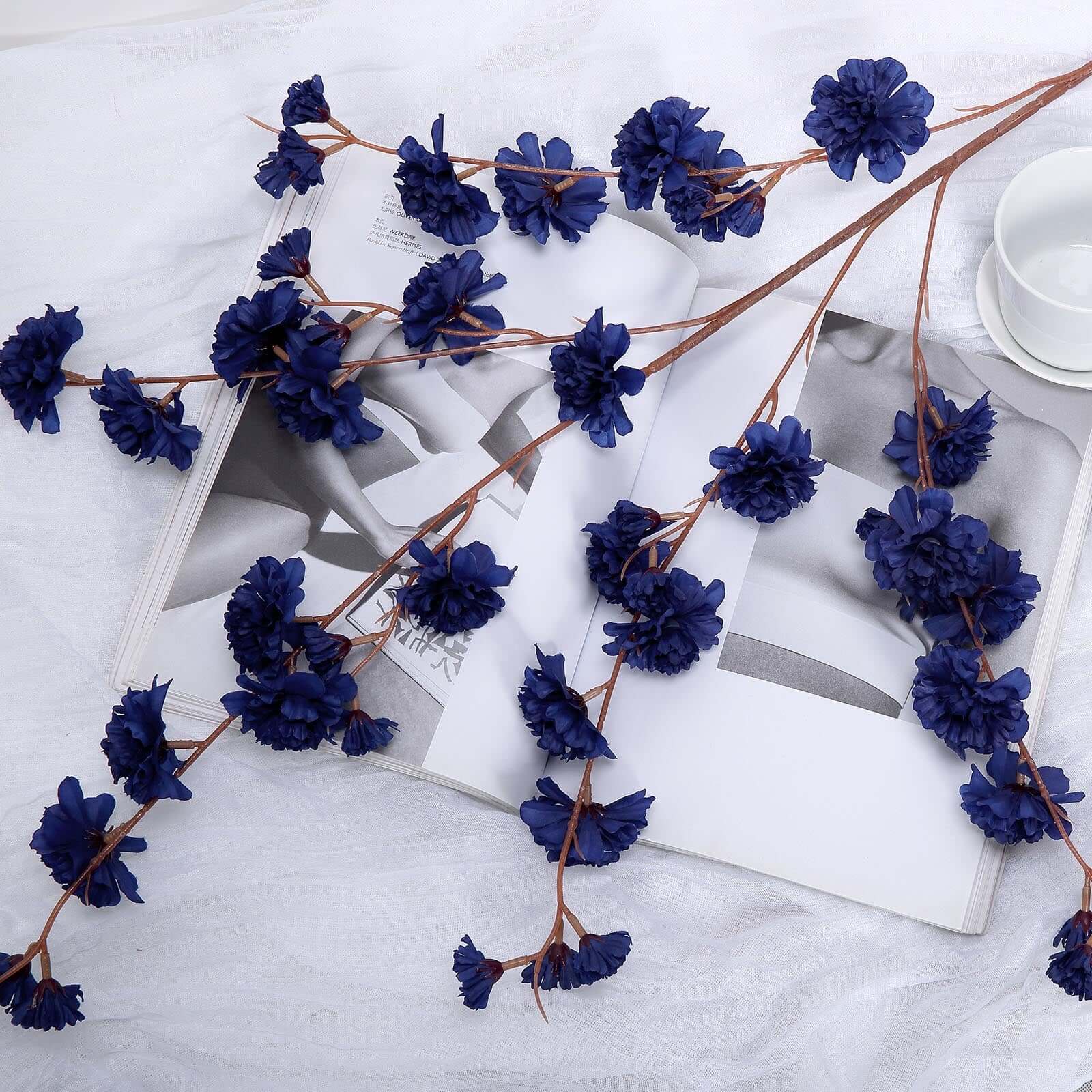 2 Branches 42" Tall Navy Blue Artificial Silk Carnation Flower Stems