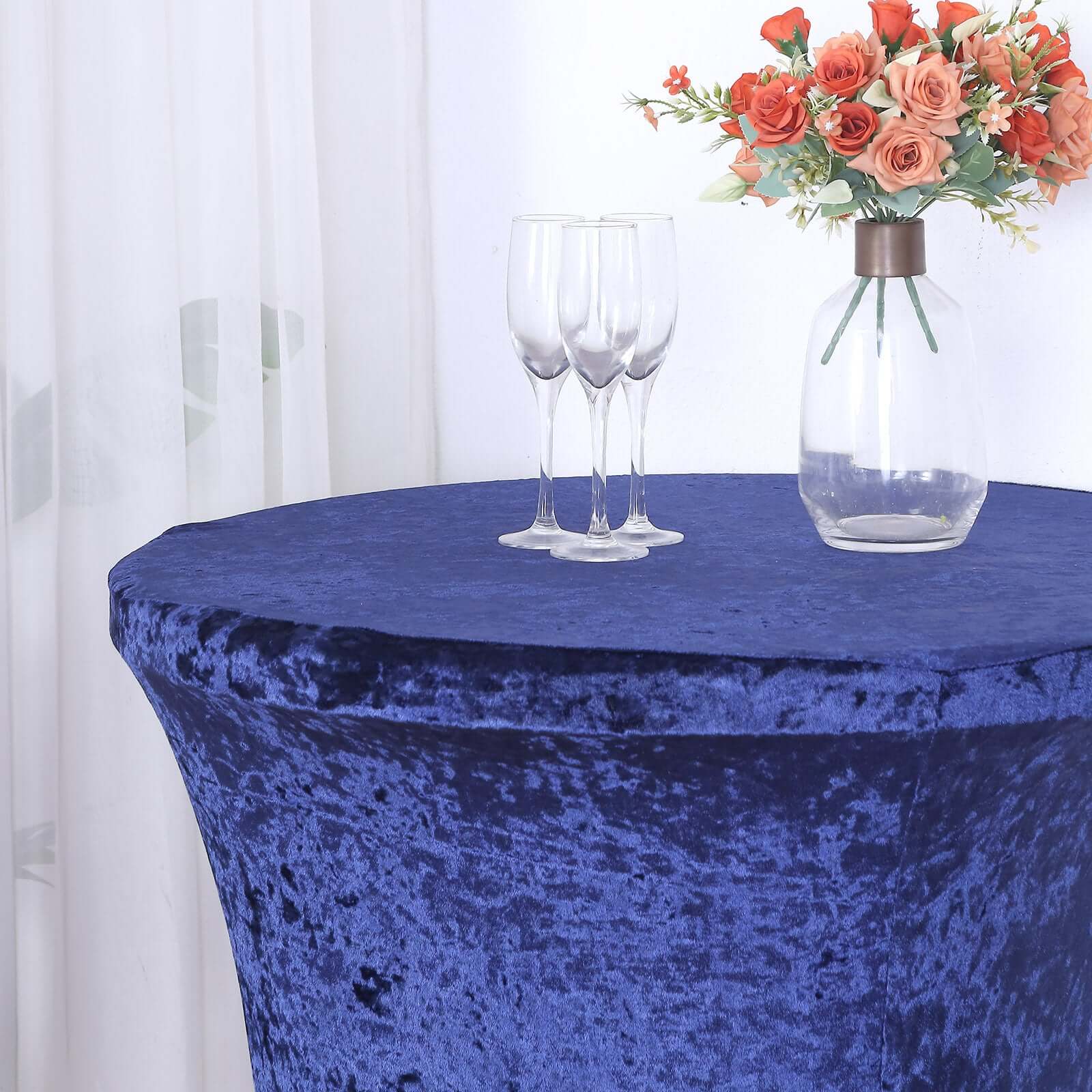 Crushed Velvet Spandex 32" Round Cocktail Table Cover Navy Blue Smooth Highboy Tablecloth