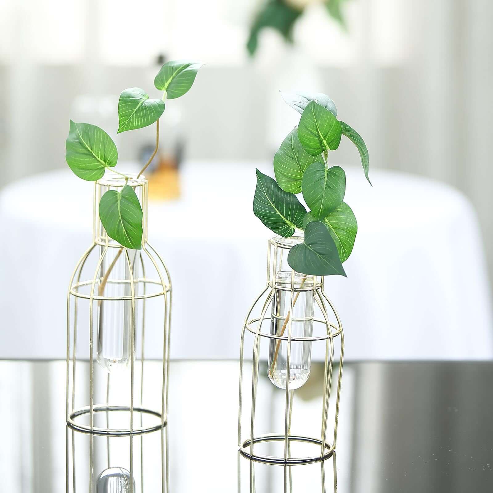 Set of 2 Wedding Centerpieces Gold Metal Frame Bottle Shaped Design - Geometric Glass Bud Vases 8",10"