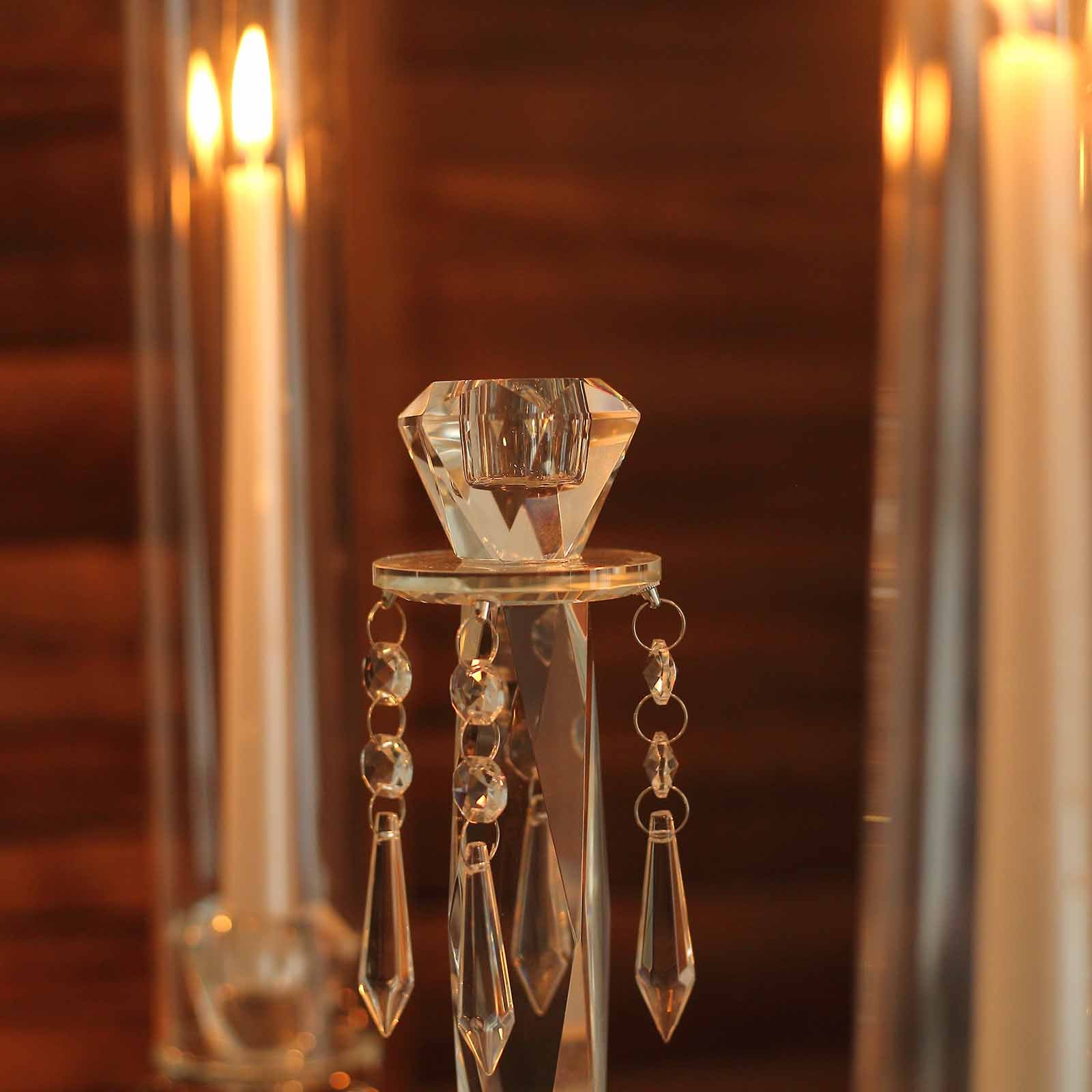 4 Arm Crystal Glass Taper Candle Holder Candelabra, Decorative Table Centerpiece With Chandelier Chains 36"