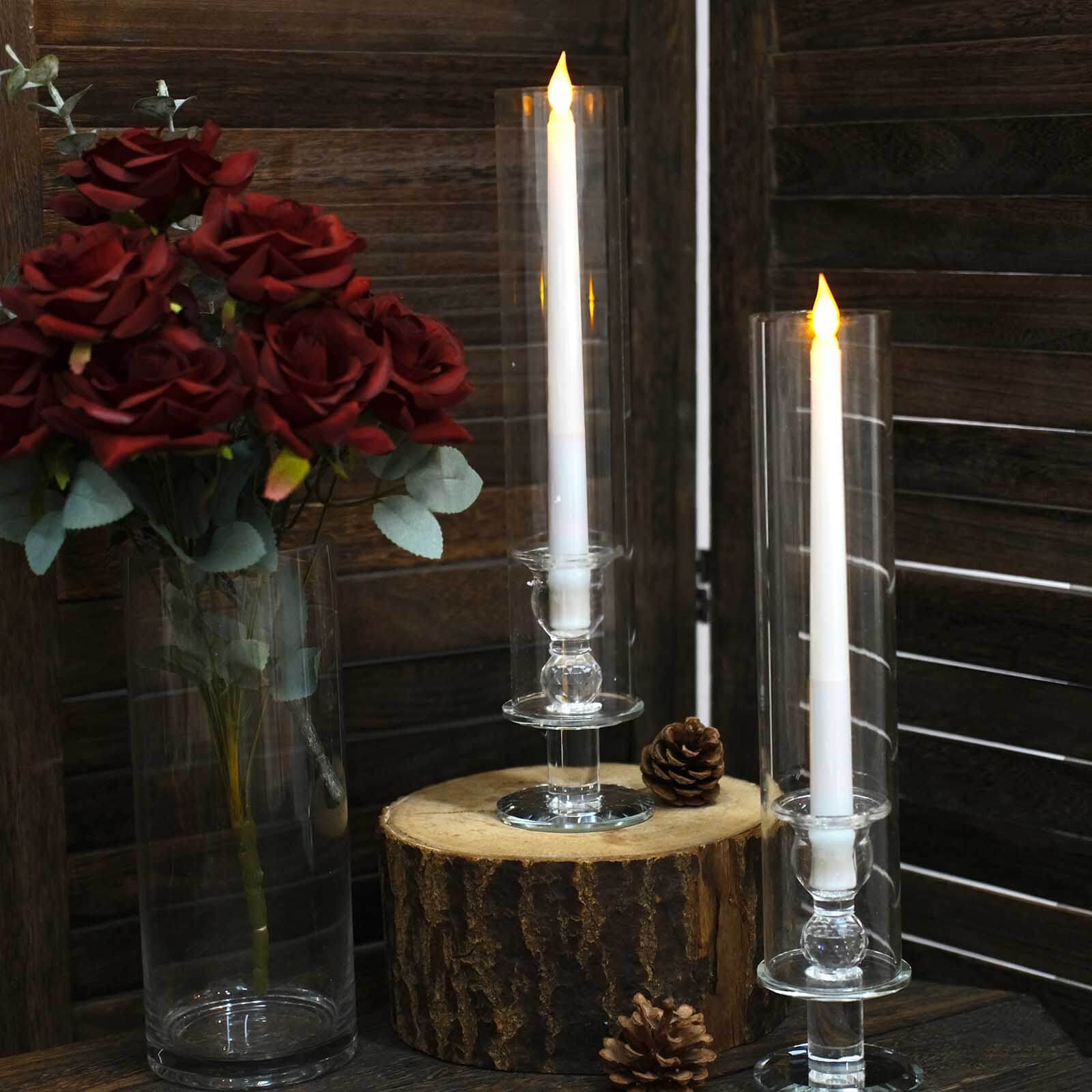 2-Pack Crystal Hurricane Taper Candle Holders, Tall Decorative Candle Stands Clear Cylinder Chimney Tubes 14"