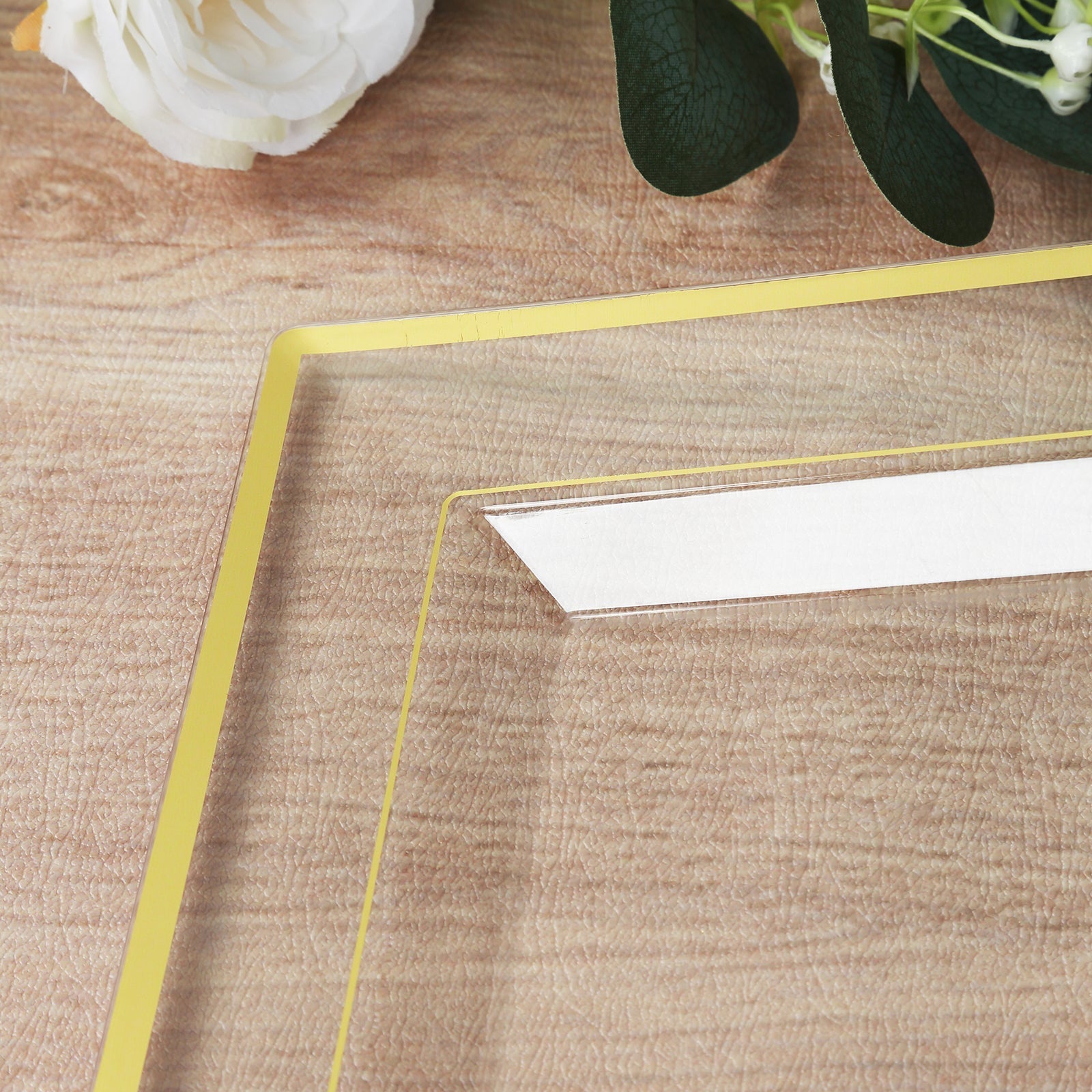 10-Pack Plastic 13"x8" Rectangle Serving Trays Clear with Gold Rim - Durable Reusable Sleek Design for Upscale Events & Parties
