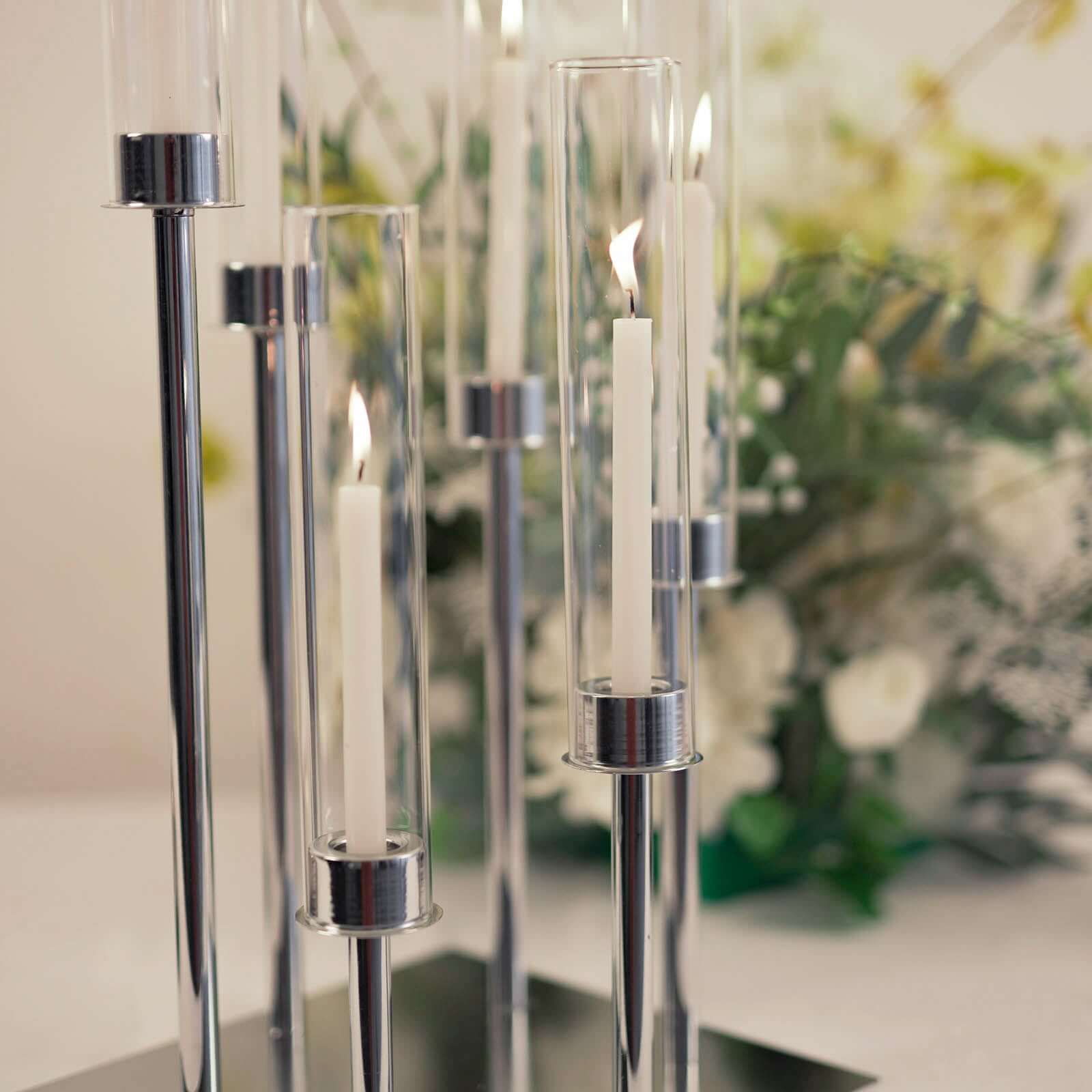 6-Arm Cluster Taper Candle Holder Silver with Clear Glass Shades - Sleek Candle Display for Gatherings 24"