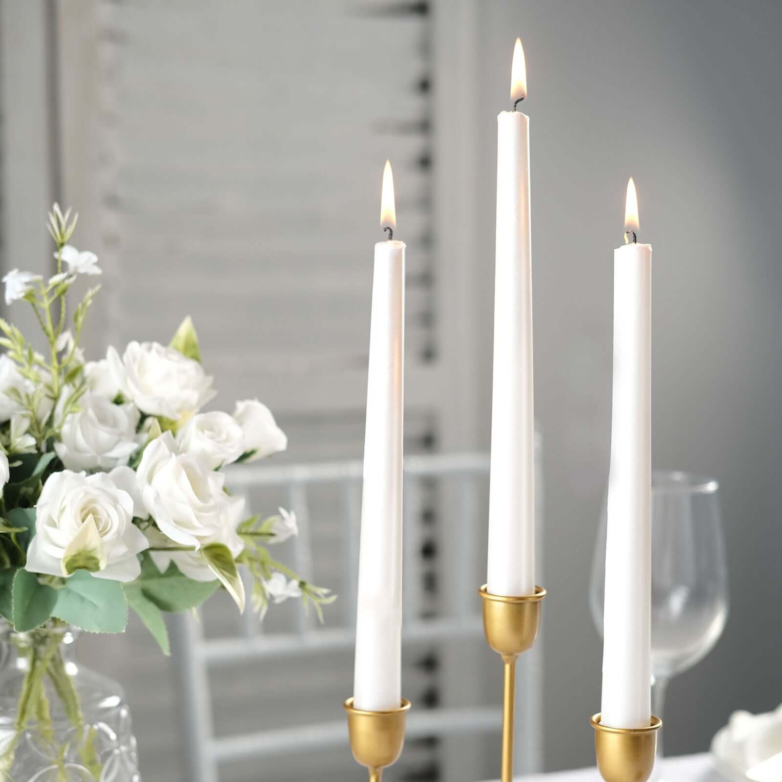 12-Pack Taper Candles Premium Wax Design Metallic Pearl White - Unscented Candles for Upscale Settings 10"