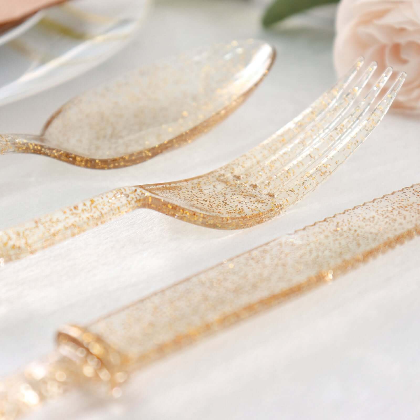 24-Pack Plastic Utensil Set Clear with Gold Glitter - Heavy Duty Disposable Silverware for Events
