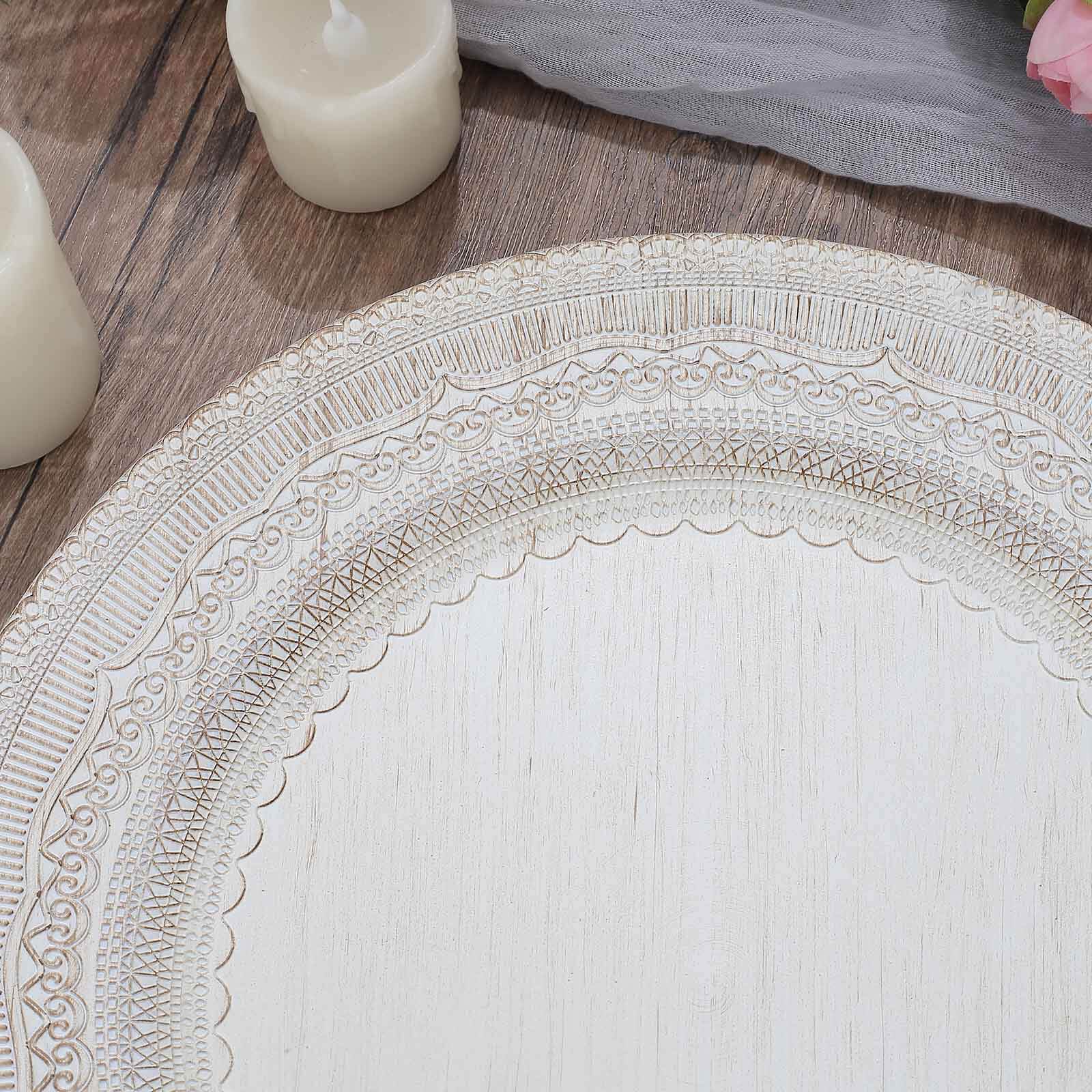6-Pack Acrylic Round Charger Plates 13" in White with Lace Embossed Rim, Rustic Plastic Decorative Charger Tableware