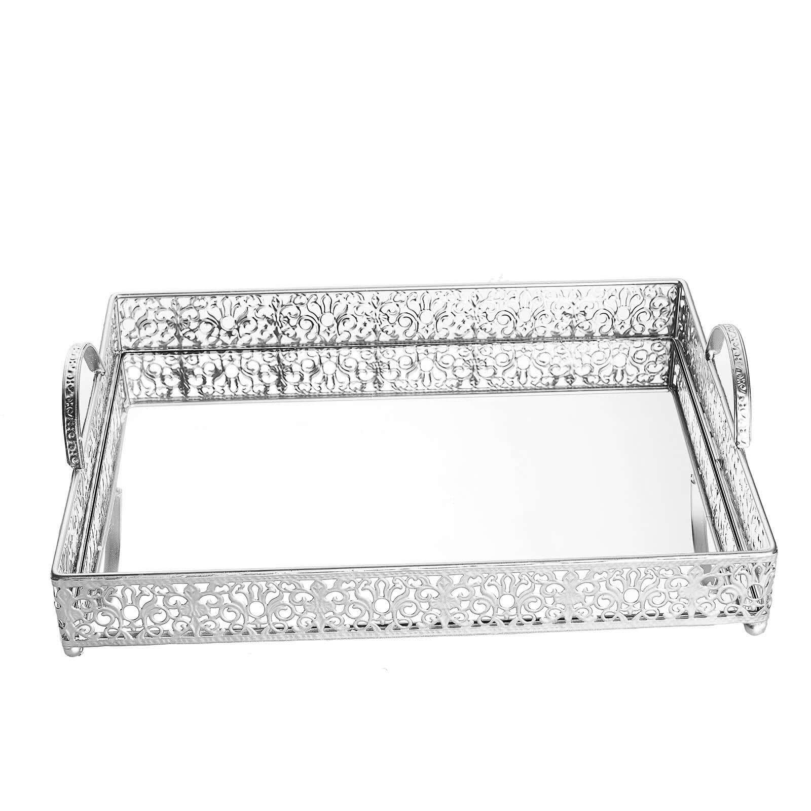 Metal Mirrored Rectangle Serving Tray 16"x12" in Silver Fleur De Lis Design with Handles, French Inspired Decorative Vanity Tray Centerpiece
