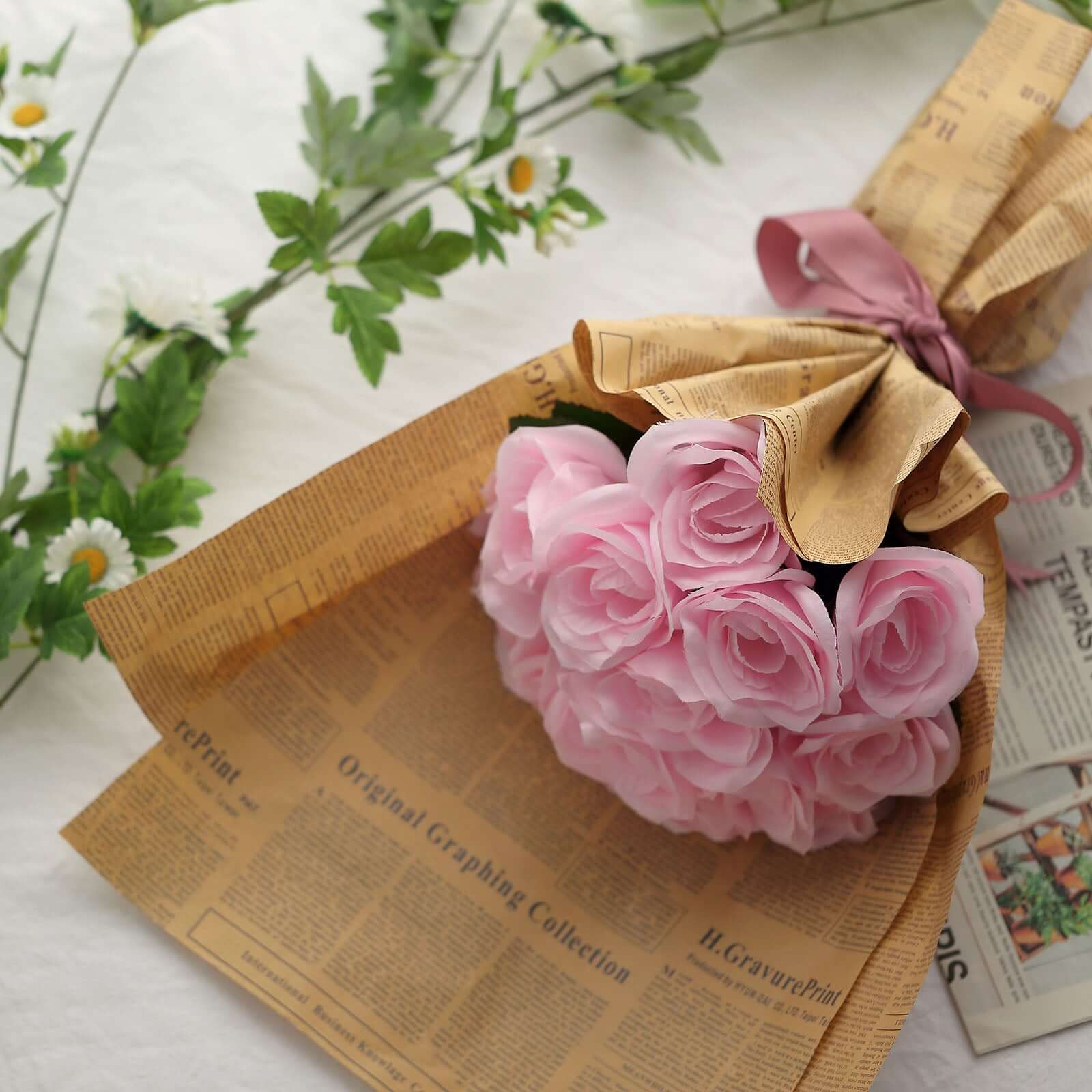 12" Pink Artificial Velvet-Like Rose Flower Bouquet
