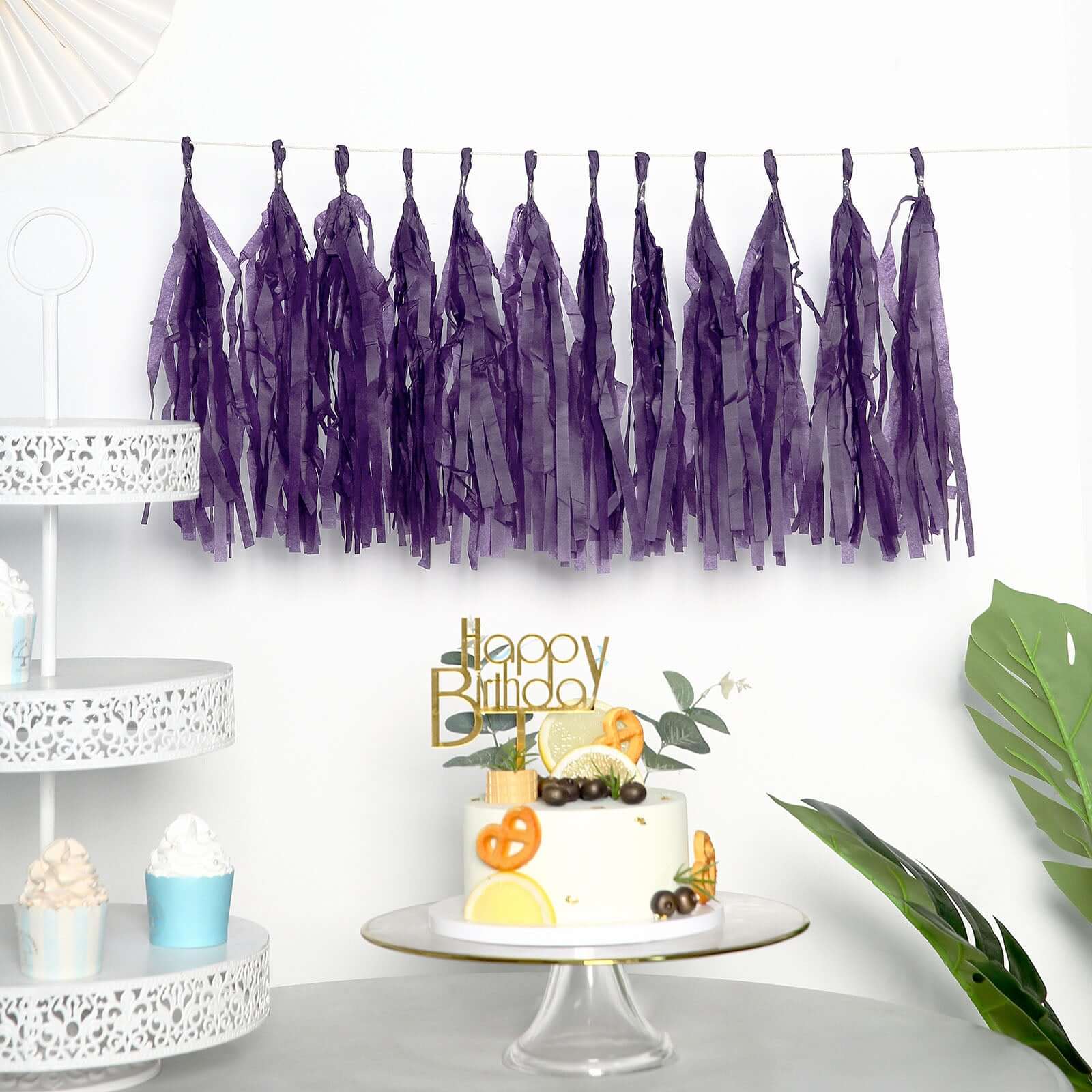 12 Pack Pre-Tied Purple Tissue Paper Tassel Garland With String, Hanging Fringe Party Streamer Backdrop Decor