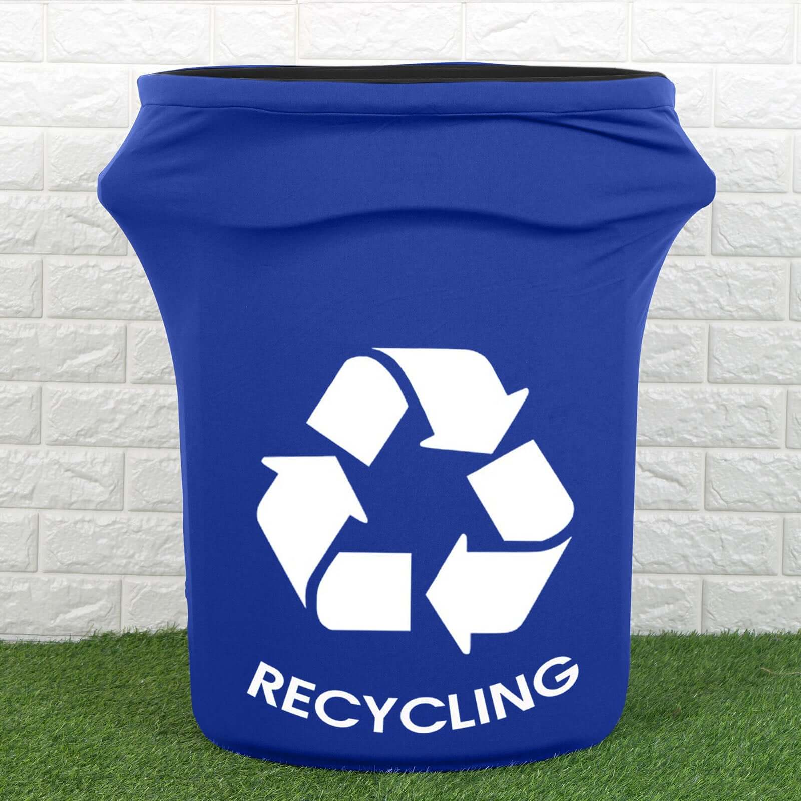 41-50 Gallon Royal Blue Spandex Stretch Trash Can Waste Container Cover With Recycling Logo