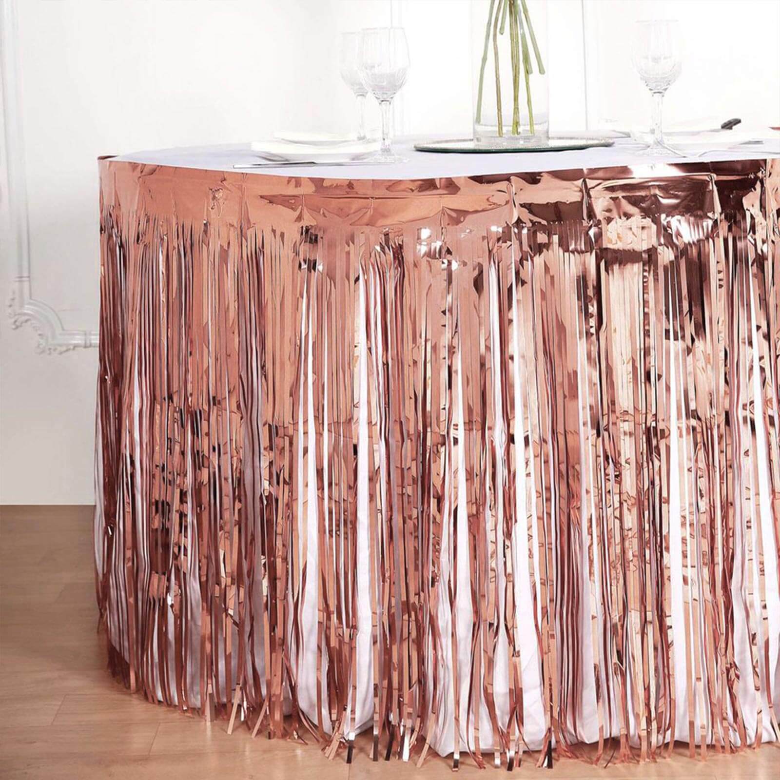 Metallic Foil Fringe Table Skirt Rose Gold with Self Adhesive Backing - Durable Tinsel Skirt for Parties 30"x9ft