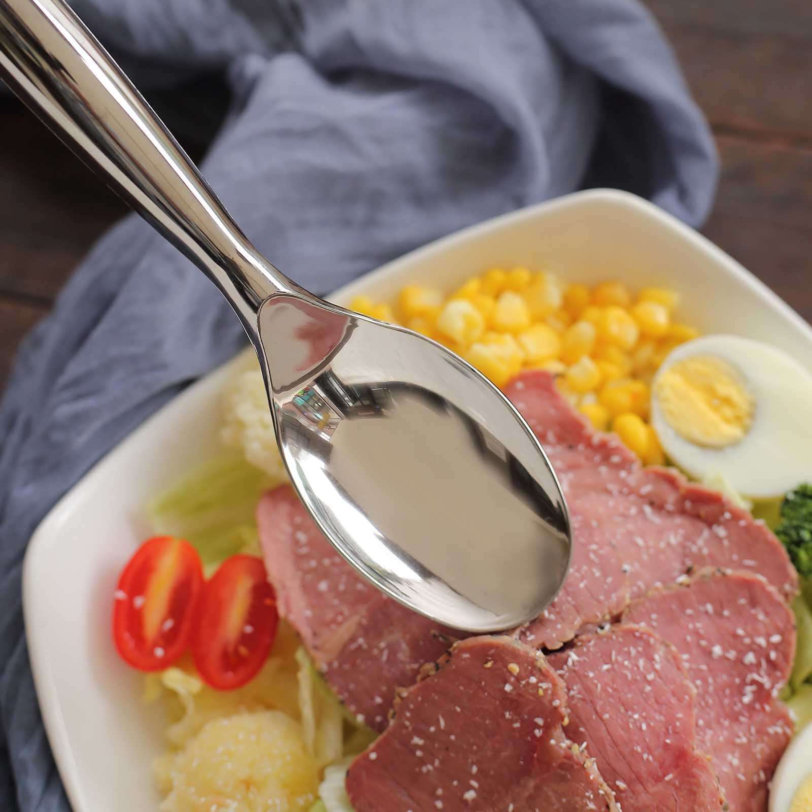 10-Pack Plastic Serving Spoons Silver - Food Safe Durable Large Disposable Classic Serving Utensils with Shiny Metallic Finish for Buffet & Party Tables 10"