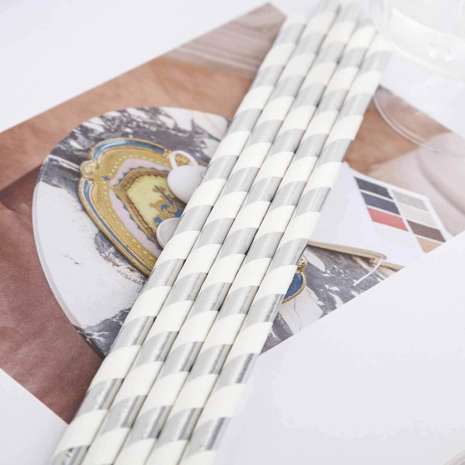 25-Pack Paper Straws White/Silver Striped - Stylish Disposable Straws for Drinks 8"
