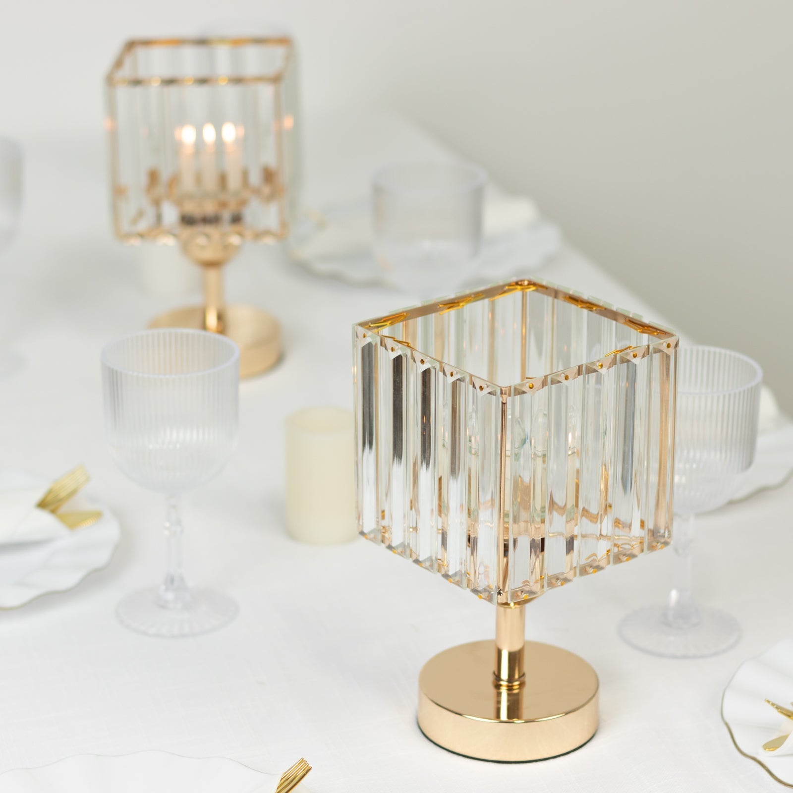 2 Pack 9" Crystal Pendant Hurricane Candle Holders in Gold, Elegant Square Design for Pillar Candles, Decorative Table Centerpieces