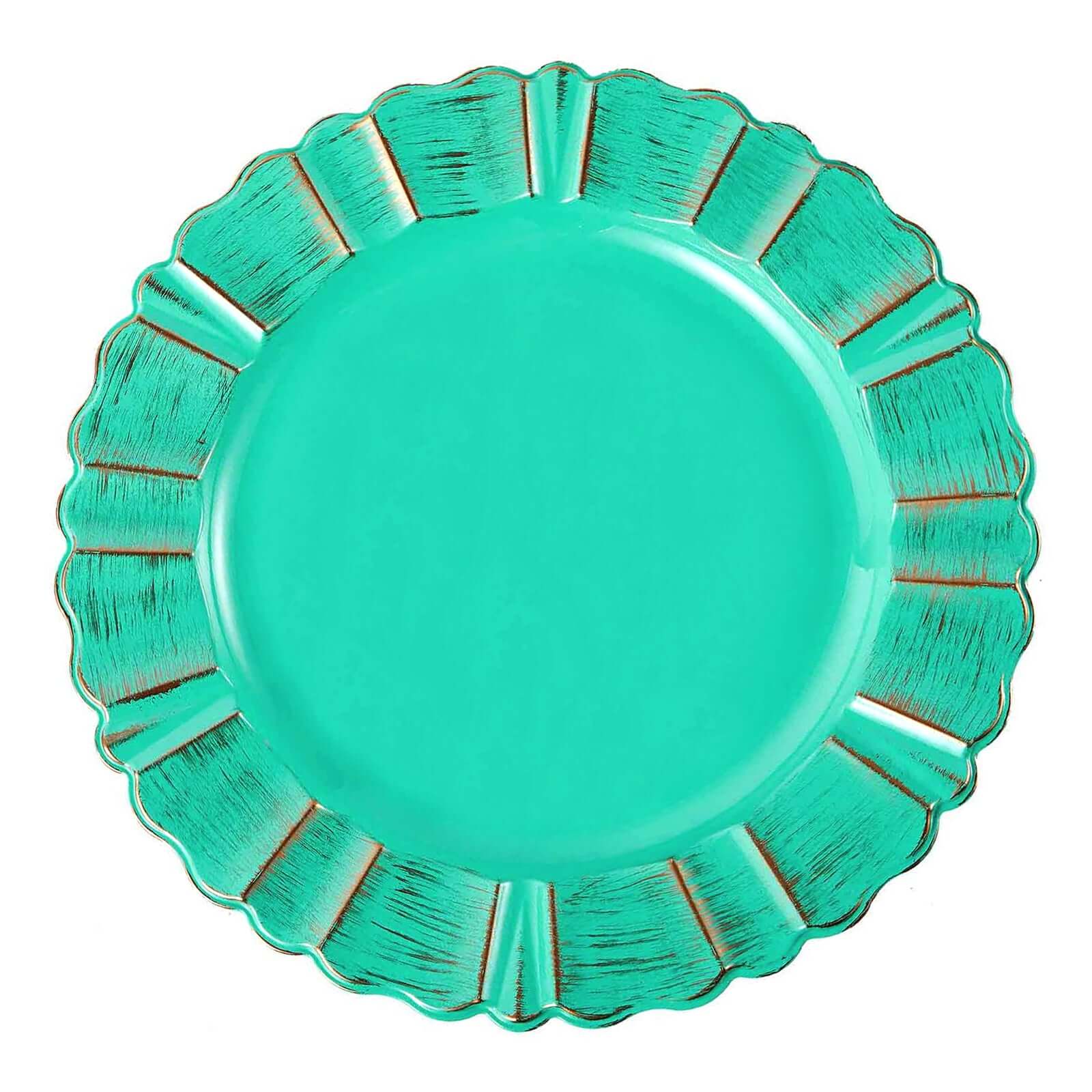 6-Pack Acrylic Plastic Round Charger Plates 13" in Turquoise with Gold Brushed Wavy Scalloped Rim, Decorative Dinner Party Charger Tableware