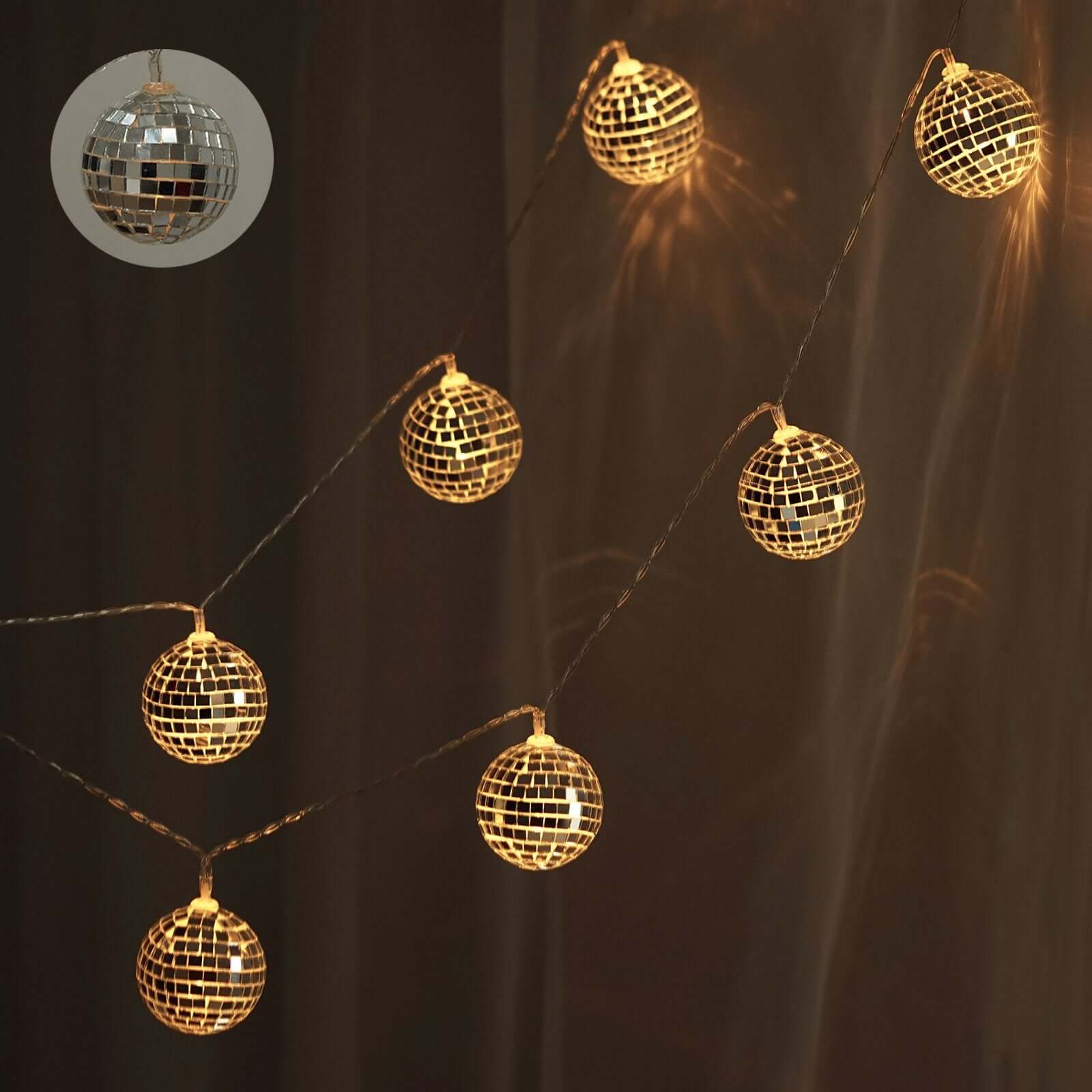 10 LED String Light Garland Silver Disco Mirror Ball Warm White - Battery Operated Event Décor 6ft