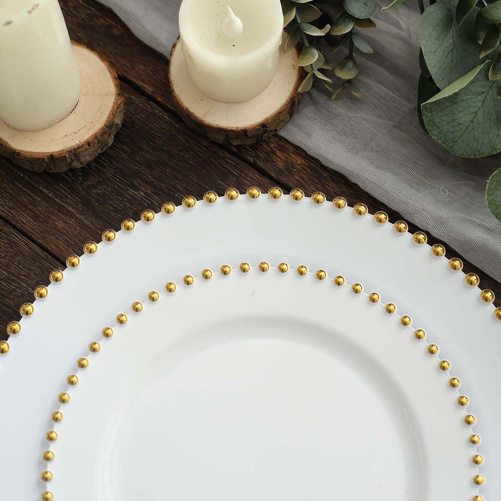 10-Pack White Plastic Dessert Plates – 8" Round with Gold Beaded Rim, Disposable for Parties & Events