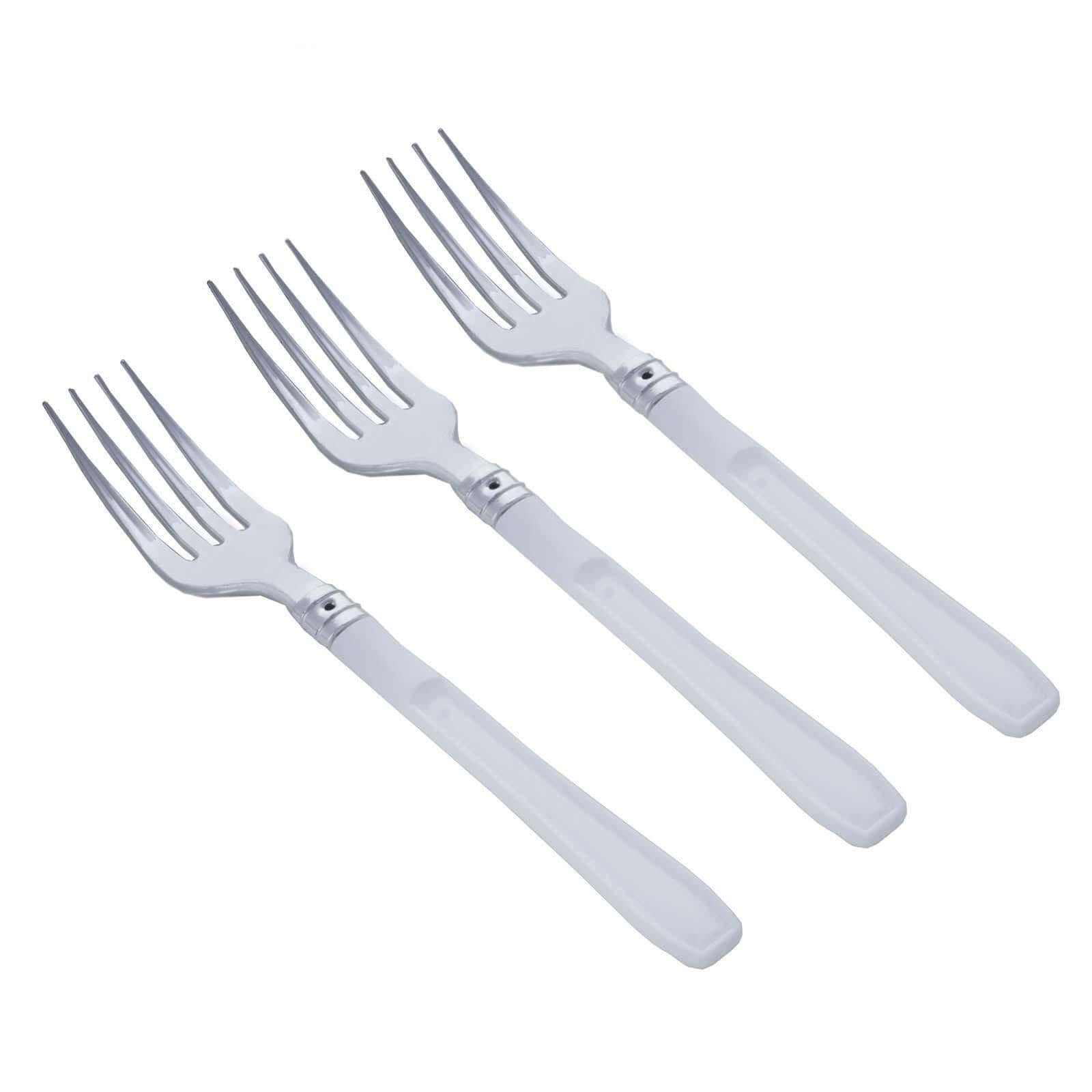 25-Pack Plastic Forks Light Silver Heavy Duty with White Handles - Reliable Disposable Tableware 7"