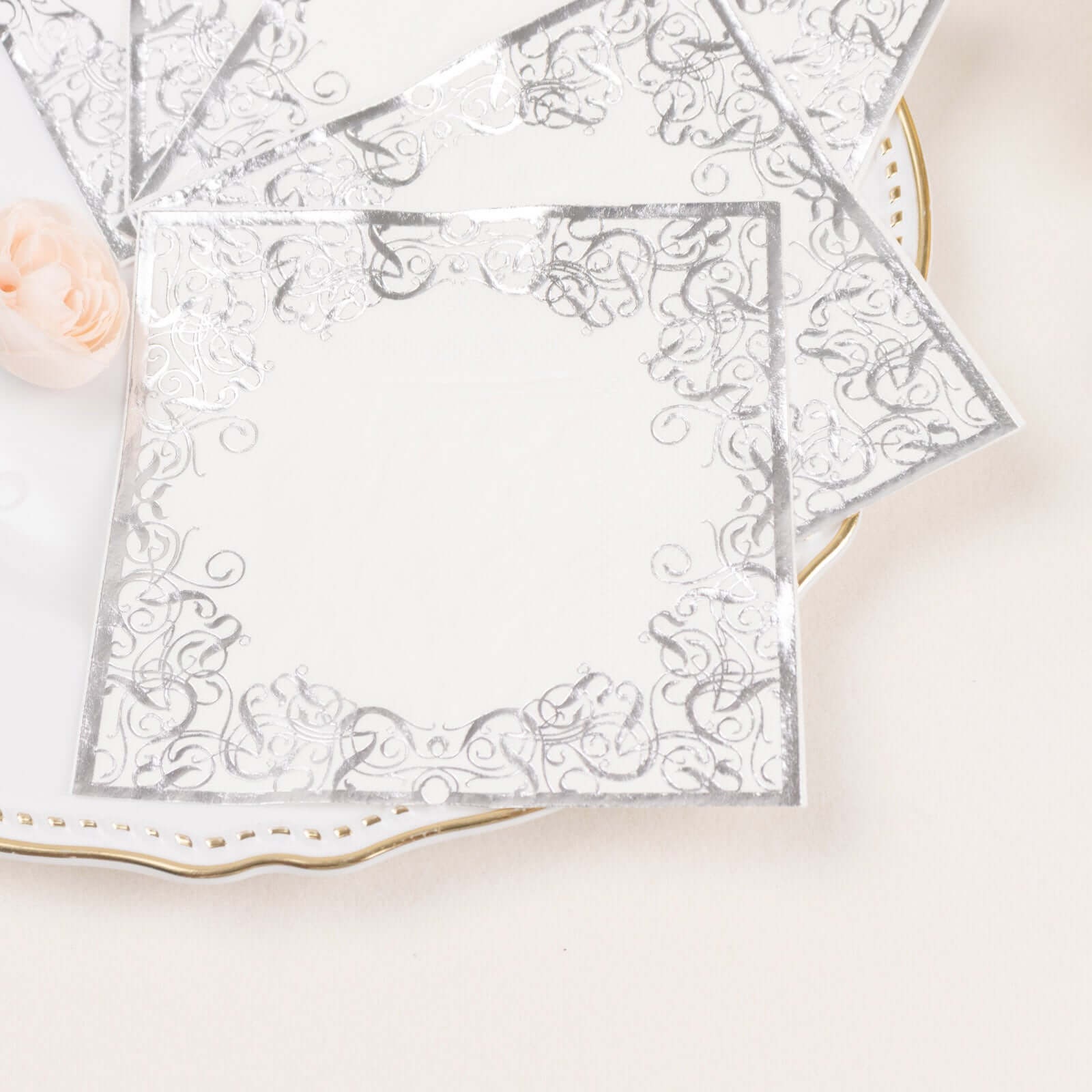 20-Pack Paper Beverage Napkins with Silver Foil Lace Design White - 3 Ply Disposable 18GSM European Style Cocktail Napkins 5"x5"