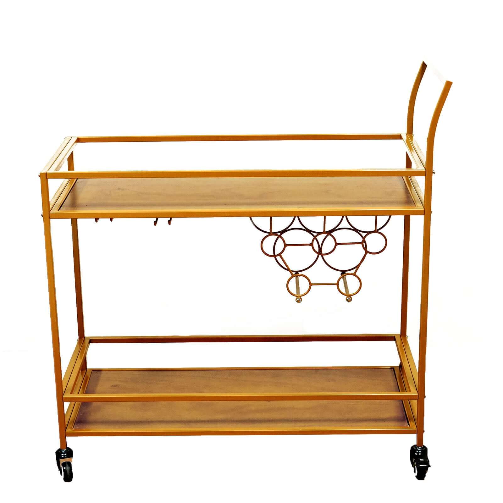 Gold Metal Bar Cart with Wooden Serving Trays 2-Tier - Wine Rack Holds 5 Bottles and 2 Glasses for Events 3ft