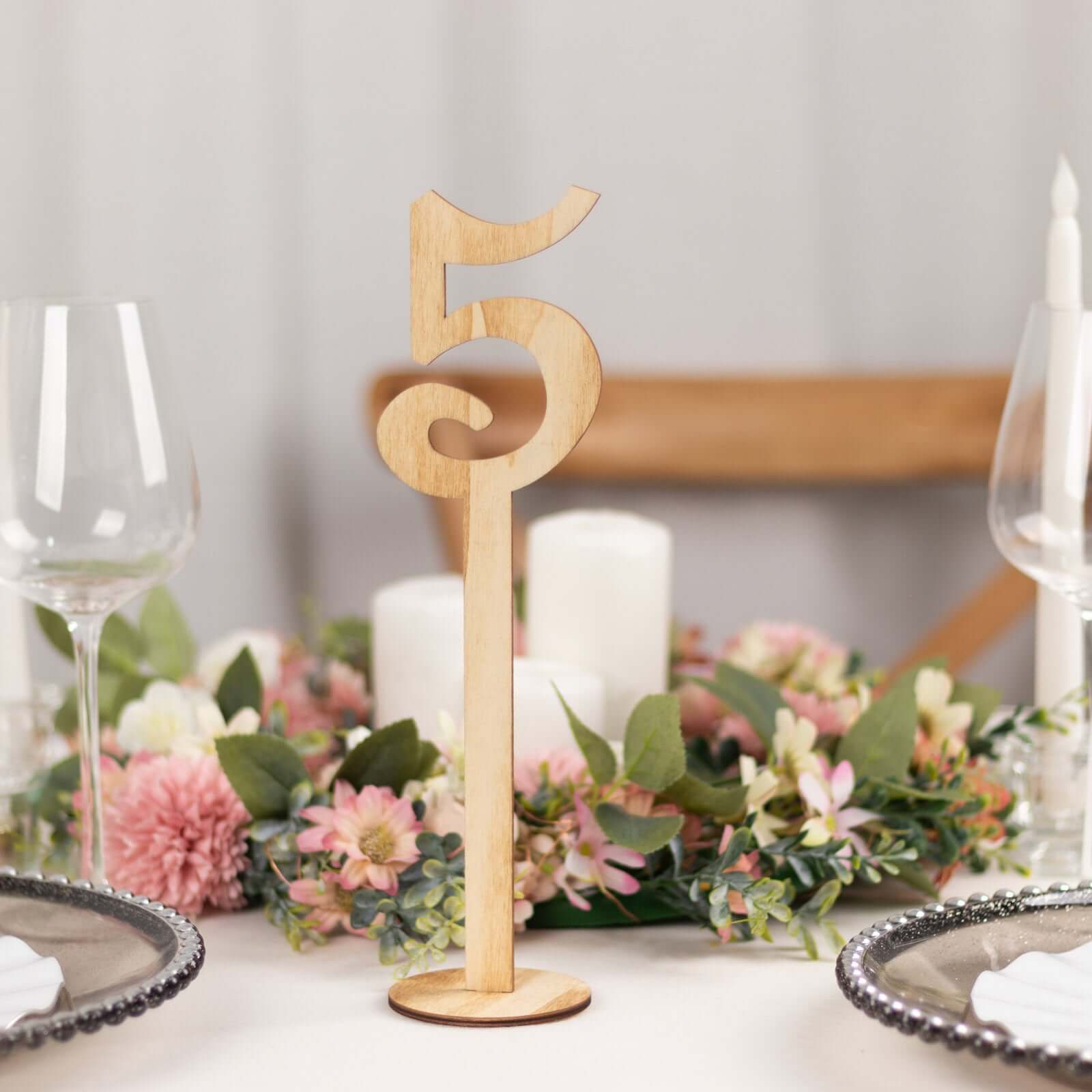 Set of 20 Wooden Wedding Table Numbers Natural 1-20 with Round Holder Base - Rustic Table Signs for Receptions 11" Tall
