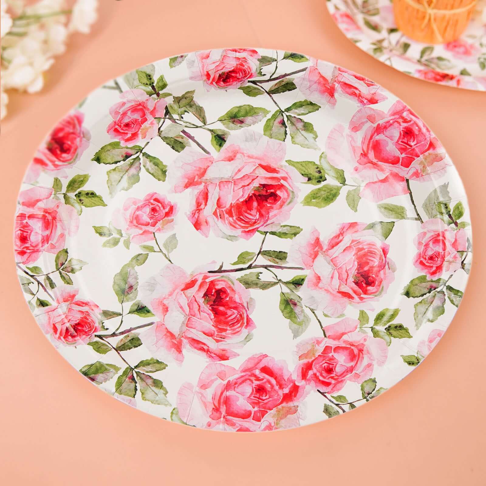 25 Pack Rose 9" Flower Bouquet Design Premium Dinner Paper Plates - 300 GSM