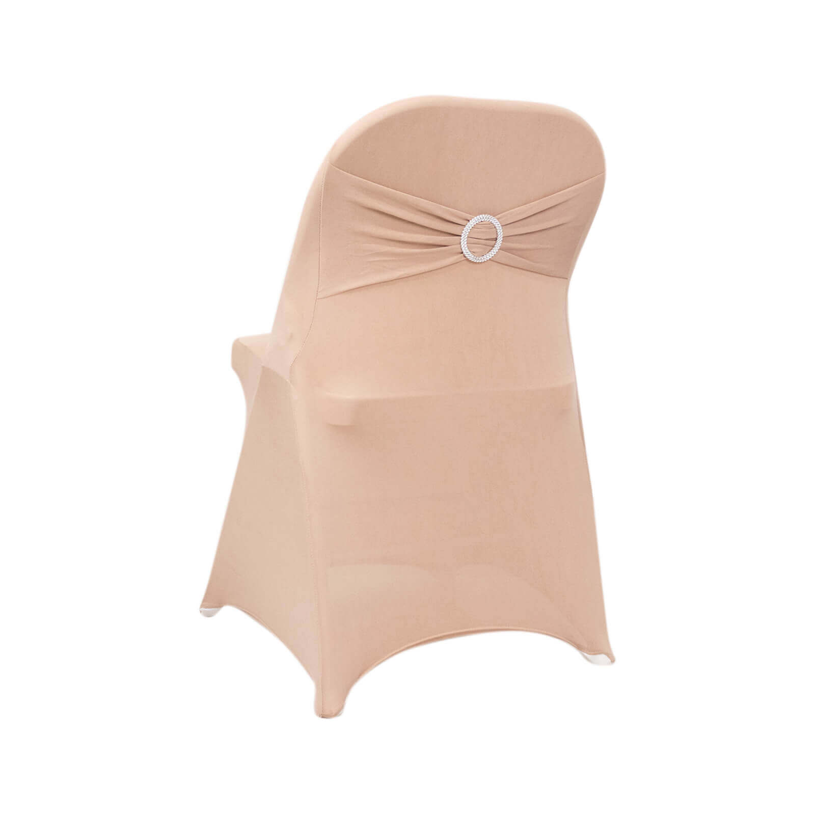 Stretch Spandex Chair Cover Nude for Folding Chairs - Secure Fit Slipcover with Silver Rhinestone Buckled Sash Band