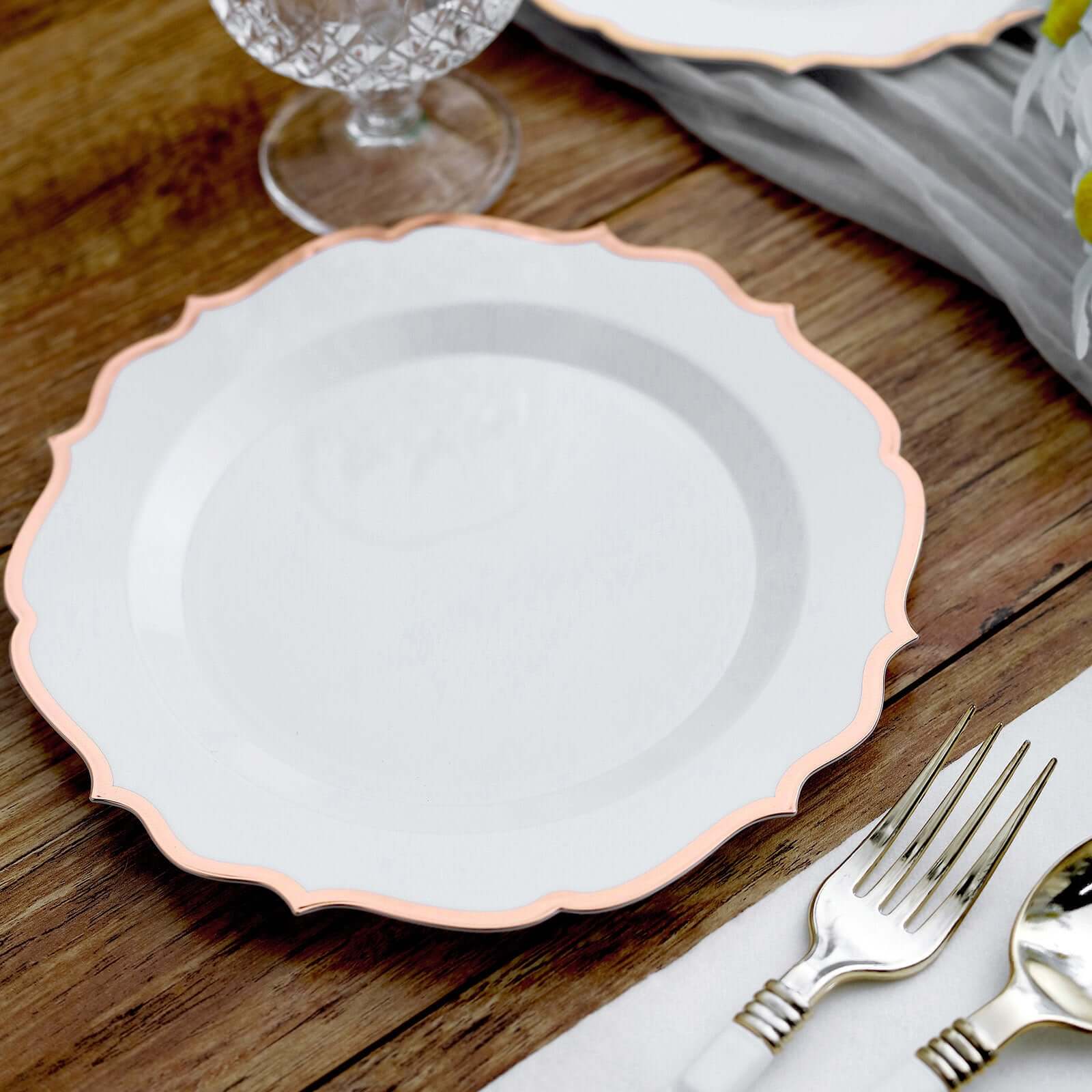 10-Pack Plastic 8" Round Desert Plates in White with Rose Gold Scalloped Rim - Disposable Appetizer/Salad Plates