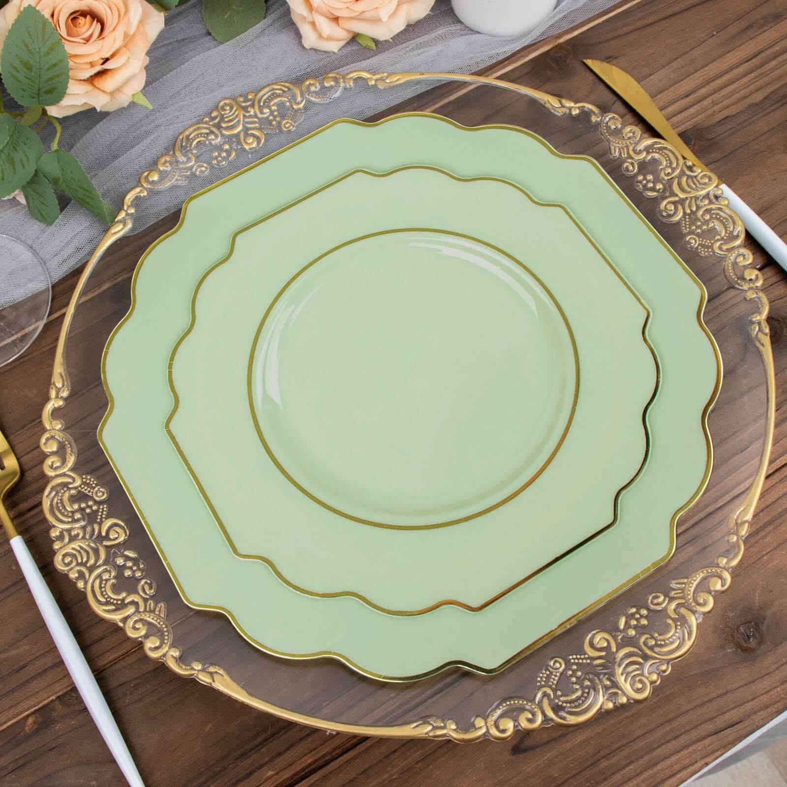 10-Pack Plastic Dessert Appetizer Plates in Sage Green Baroque Design with Scalloped Gold Rim - Heavy Duty Disposable Salad Plates 8"