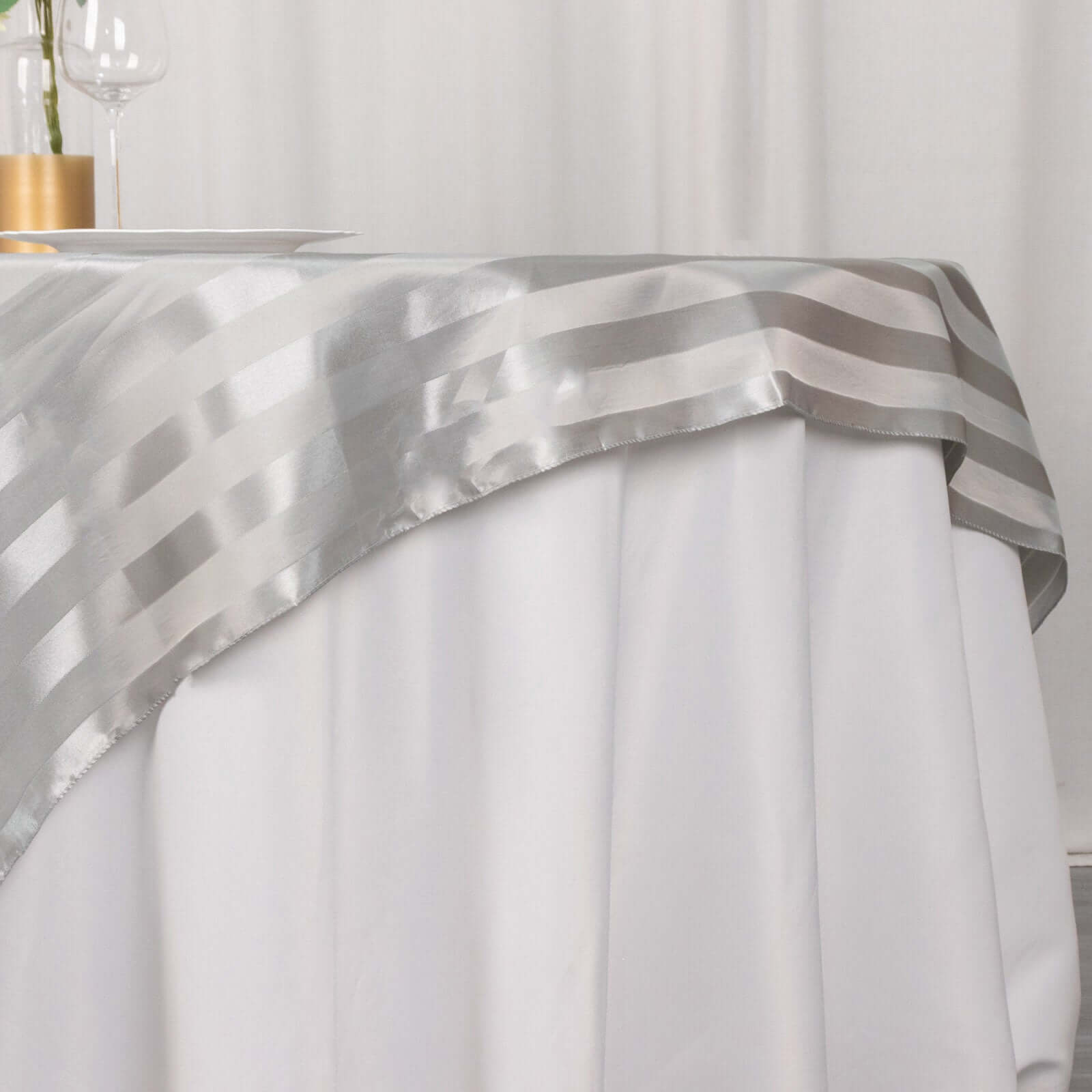 Satin 72"x72" Table Overlay Square Tablecloth Silver - Stripe Table Topper