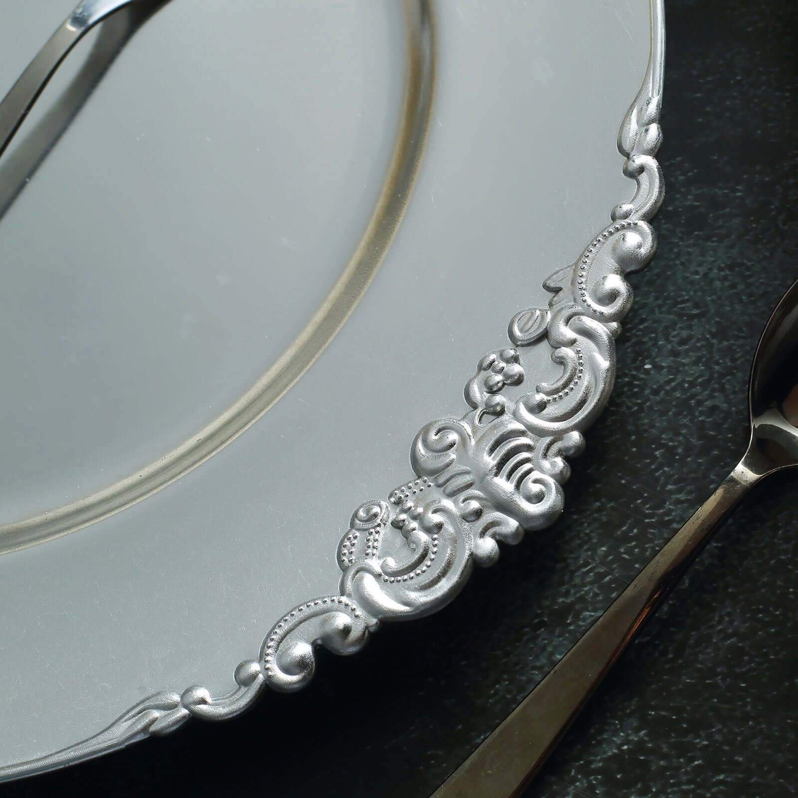 6-Pack Acrylic Round Charger Plates 13" in Silver with Embossed Baroque Rim, Antique Decorative Dinner Party Charger Tableware